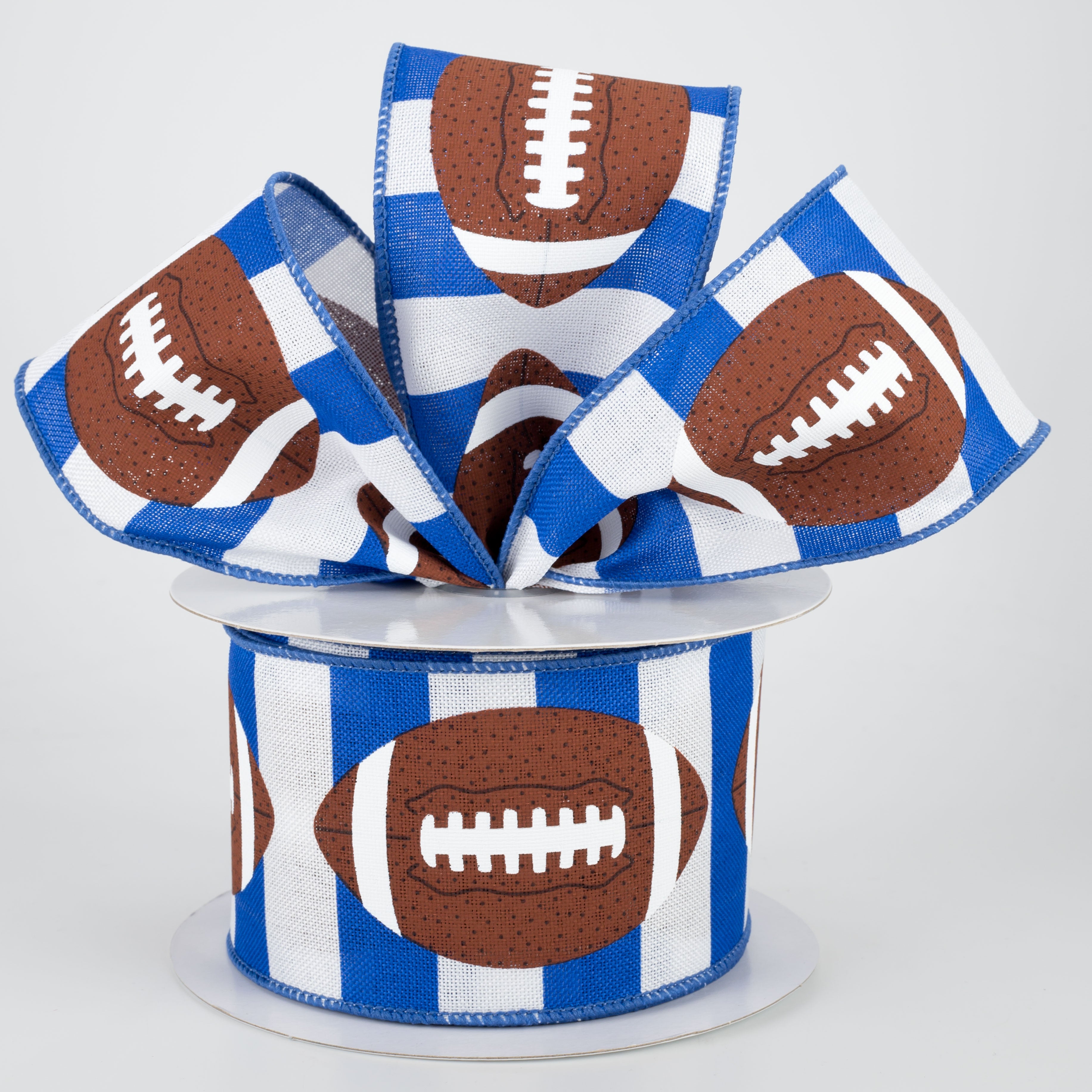 2.5" Footballs On Stripe Ribbon: Blue & White (10 Yards) Lifestyle Photo
