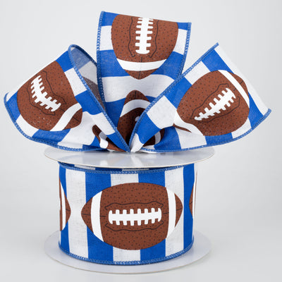 2.5" Footballs On Stripe Ribbon: Blue & White (10 Yards) Lifestyle Photo