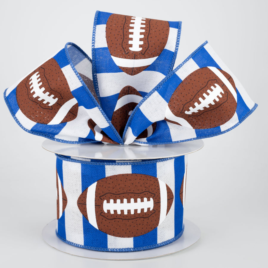 2.5" Footballs On Stripe Ribbon: Blue & White (10 Yards) Lifestyle Photo