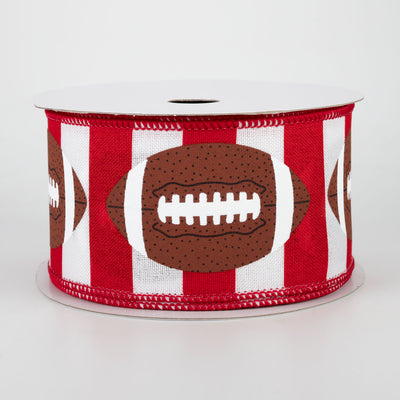 2.5" Footballs On Stripe Ribbon: Crimson & White (10 Yards)