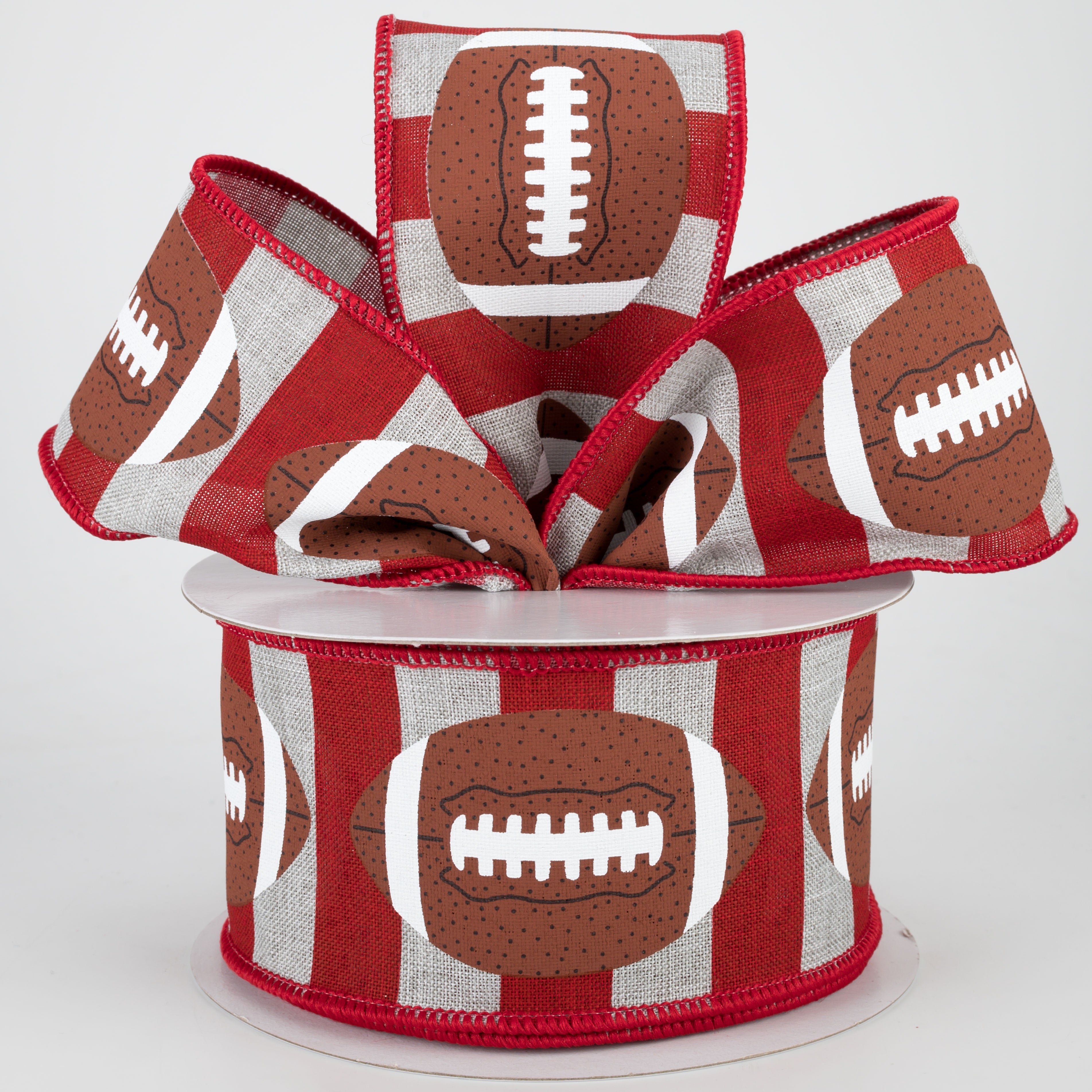 2.5" Footballs On Stripe Ribbon: Light Grey & Crimson (10 Yards) Lifestyle Photo