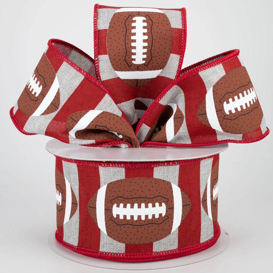 2.5" Footballs On Stripe Ribbon: Light Grey & Crimson (10 Yards) Lifestyle Photo