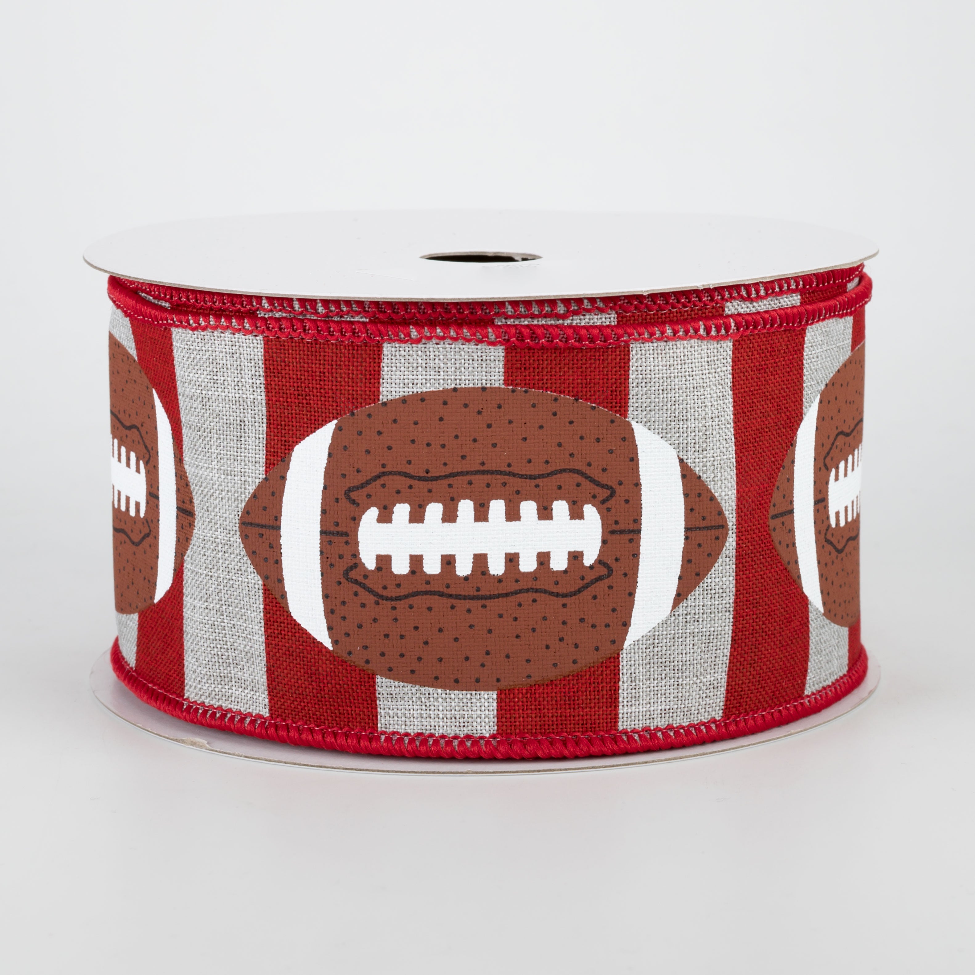 2.5" Footballs On Stripe Ribbon: Light Grey & Crimson (10 Yards)