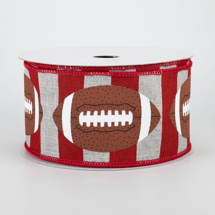 2.5" Footballs On Stripe Ribbon: Light Grey & Crimson (10 Yards)