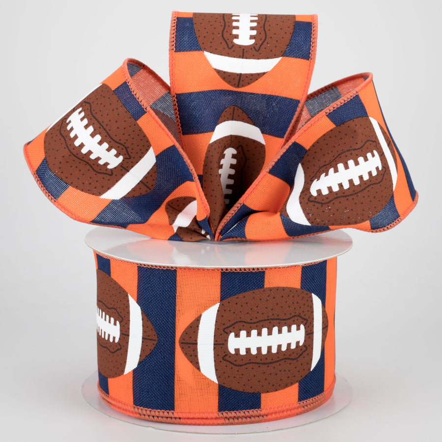 2.5" Footballs On Stripe Ribbon: Orange, Navy, Brown (10 Yards) Lifestyle Photo