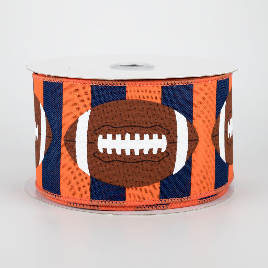 2.5" Footballs On Stripe Ribbon: Orange, Navy, Brown (10 Yards)