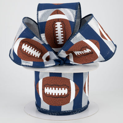 2.5" Footballs On Stripe Ribbon: Silver & Navy (10 Yards) Lifestyle Photo
