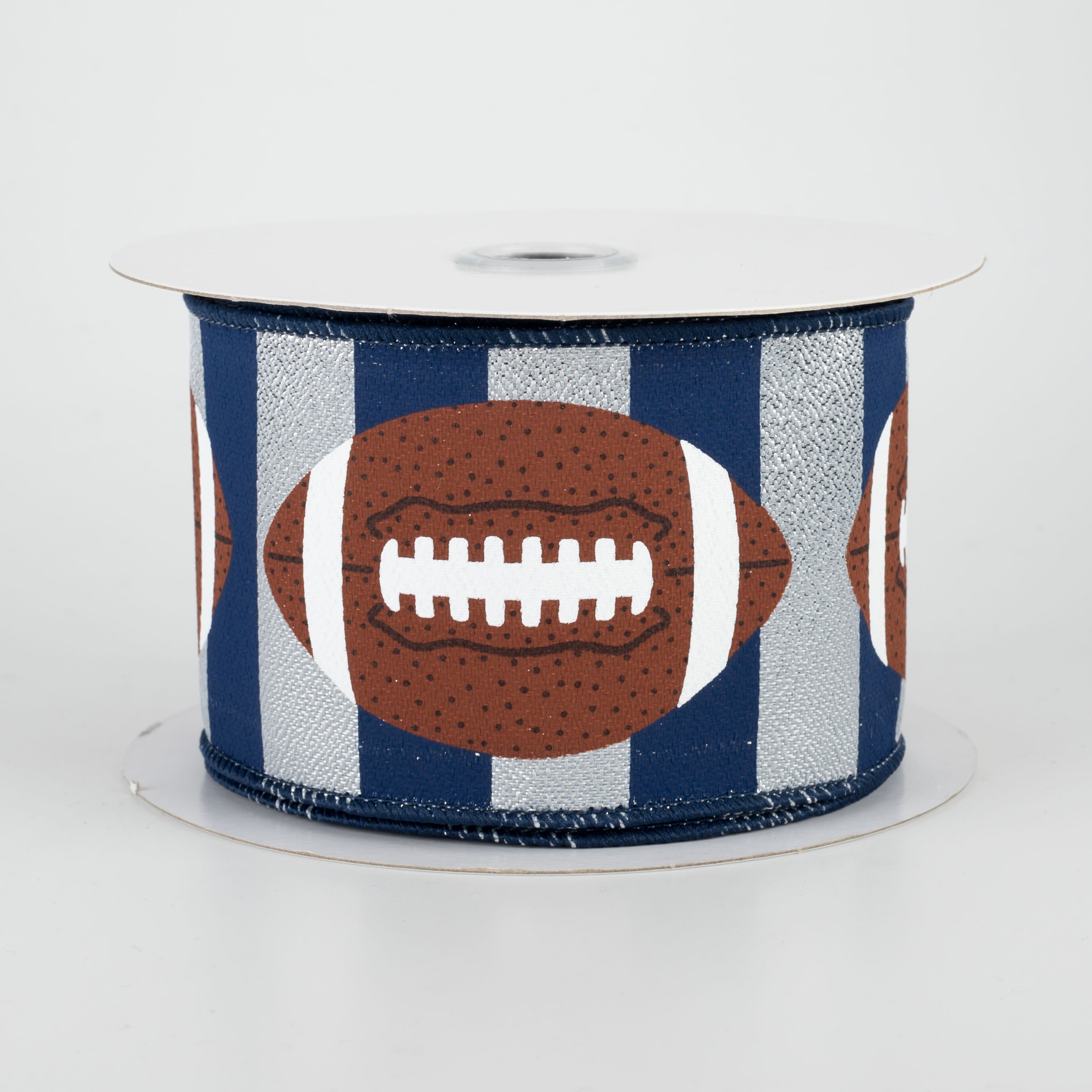 2.5" Footballs On Stripe Ribbon: Silver & Navy (10 Yards)