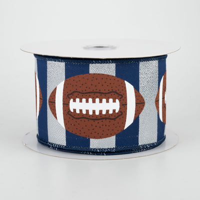 2.5" Footballs On Stripe Ribbon: Silver & Navy (10 Yards)