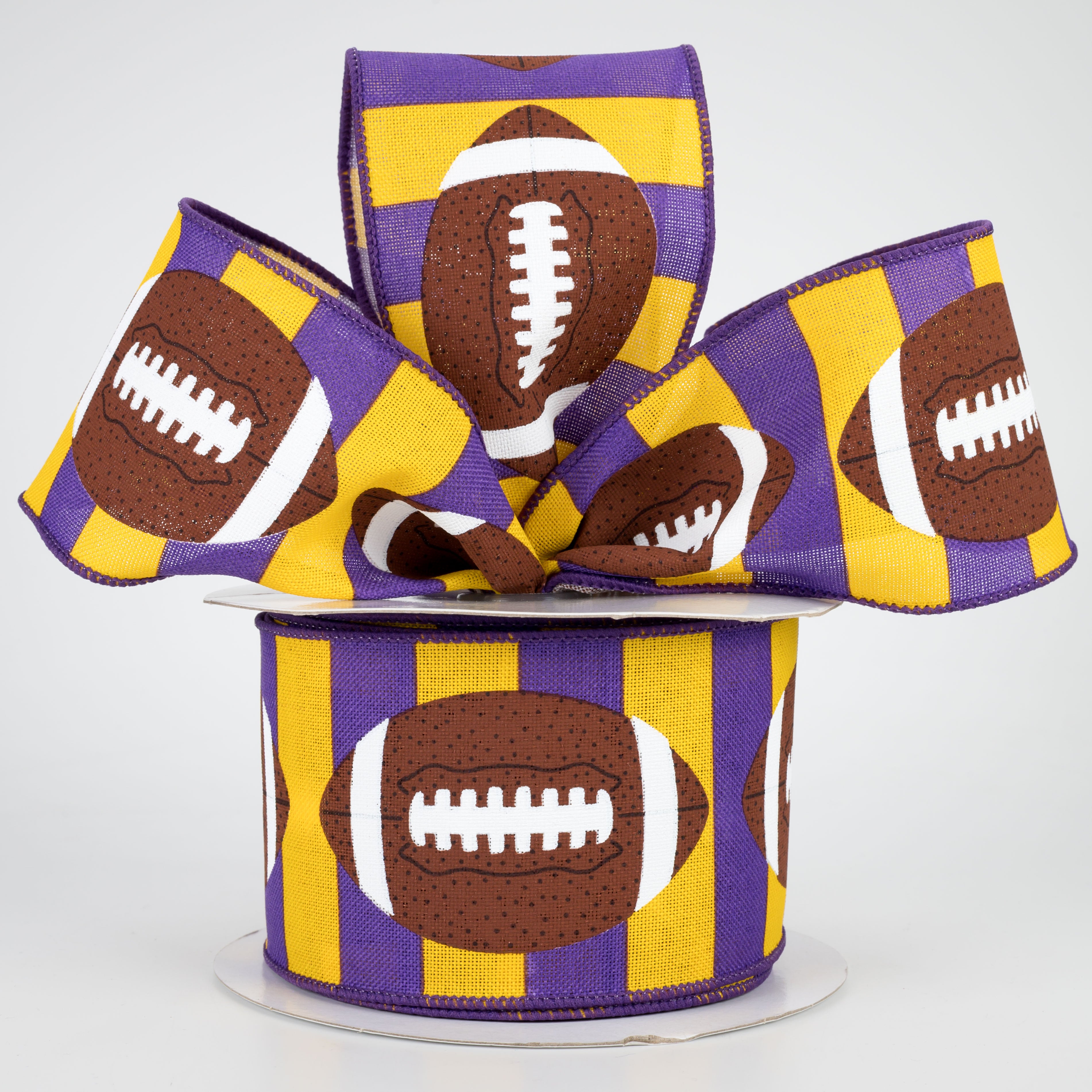 2.5" Footballs On Stripe Ribbon: Yellow, Purple, Brown (10 Yards) Lifestyle Photo