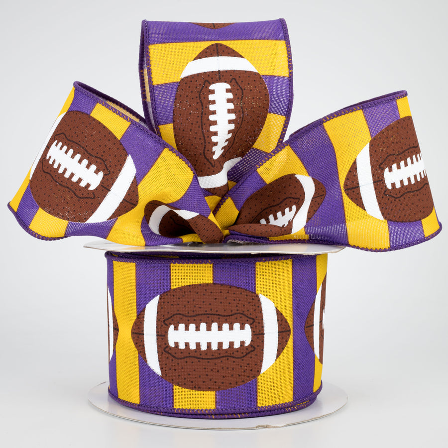 2.5" Footballs On Stripe Ribbon: Yellow, Purple, Brown (10 Yards) Lifestyle Photo