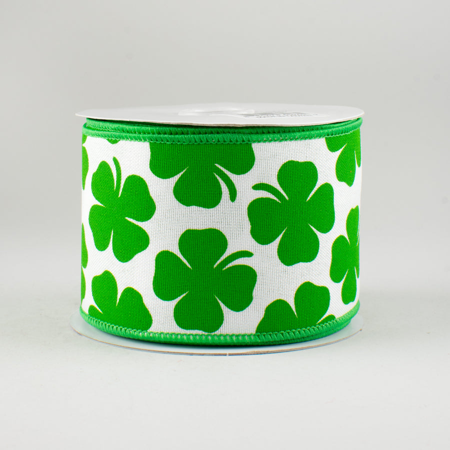 2.5" Four Leaf Clover Ribbon: White & Green (10 Yards)