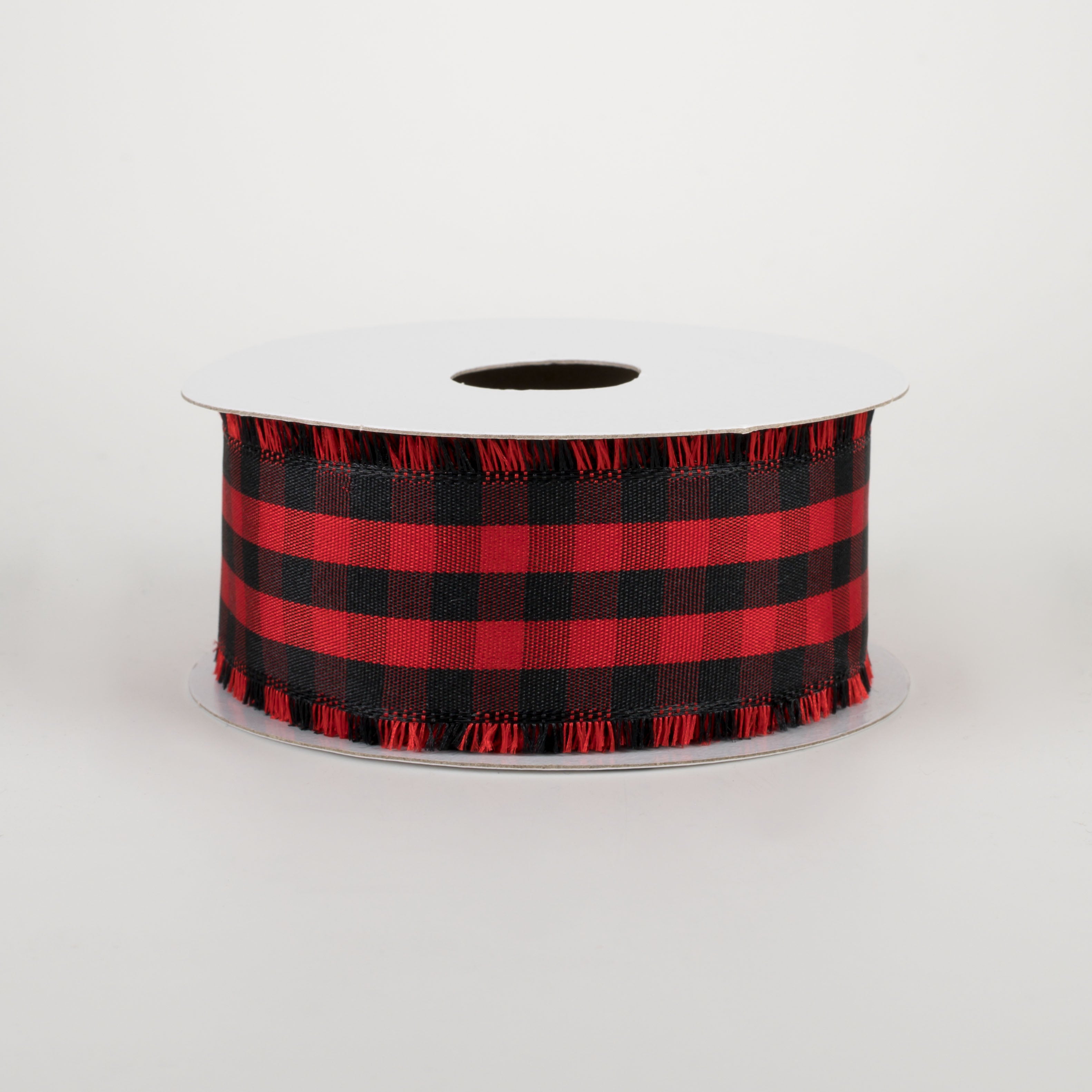 1.5" Frayed Edge Buffalo Plaid Ribbon: Black & Red (10 Yards) Item Number: 77106-09-13