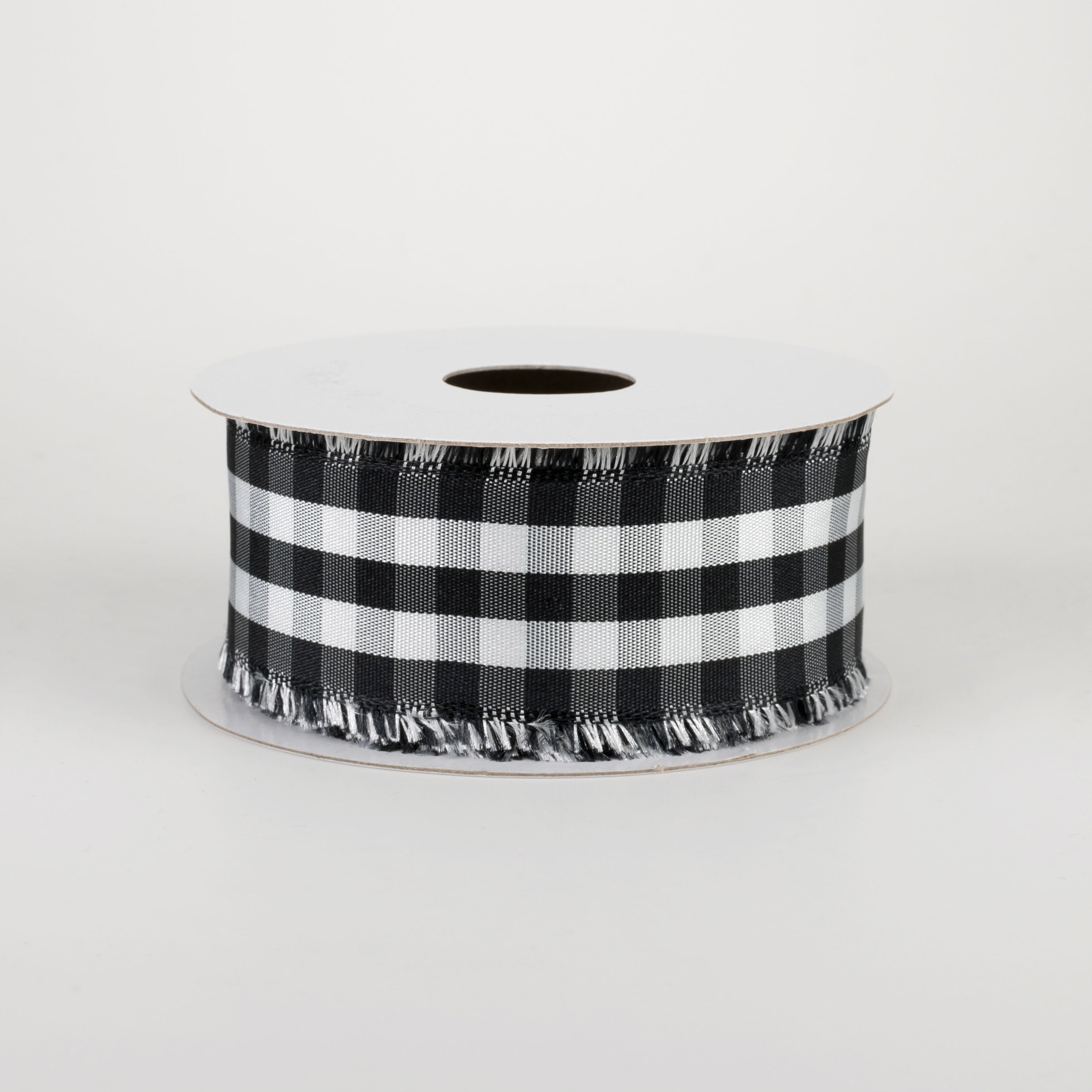 1.5" Frayed Edge Buffalo Plaid Ribbon: Black & White (10 Yards) Item Number: 77106-09-21