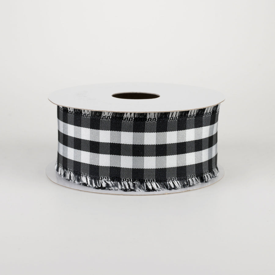 1.5" Frayed Edge Buffalo Plaid Ribbon: Black & White (10 Yards) Item Number: 77106-09-21