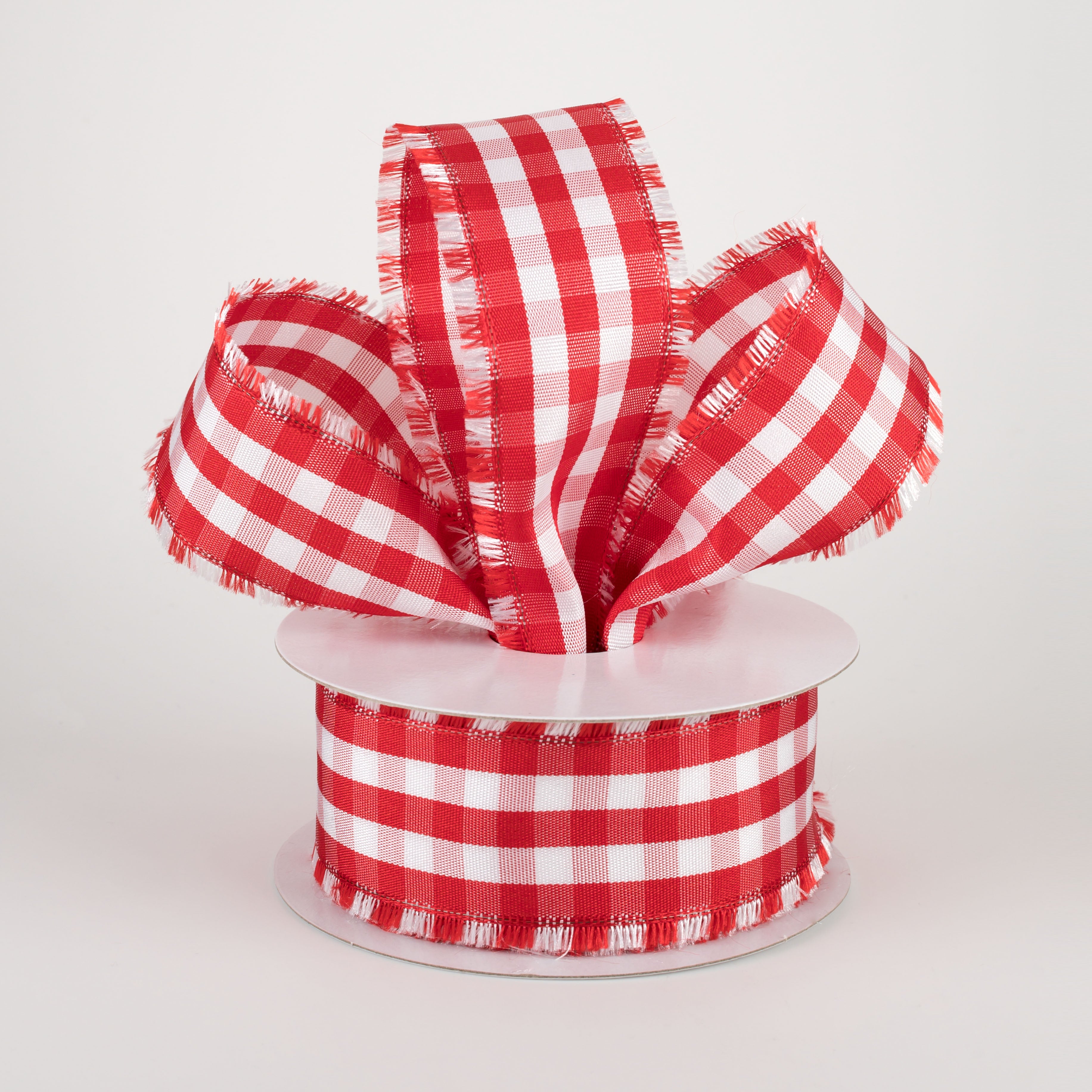 1.5" Frayed Edge Buffalo Plaid Ribbon: Red & White (10 Yards) Lifestyle Photo