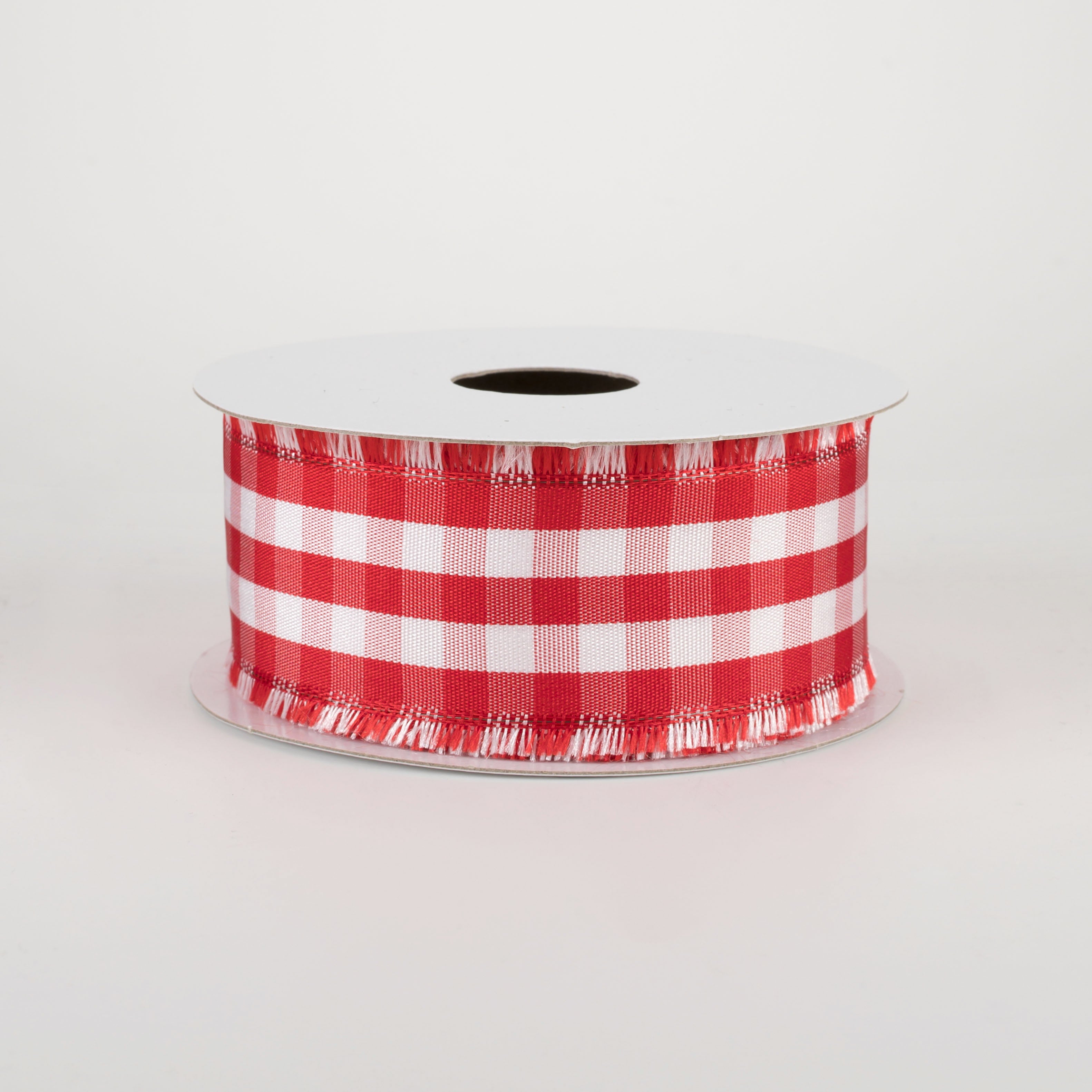 1.5" Frayed Edge Buffalo Plaid Ribbon: Red & White (10 Yards)