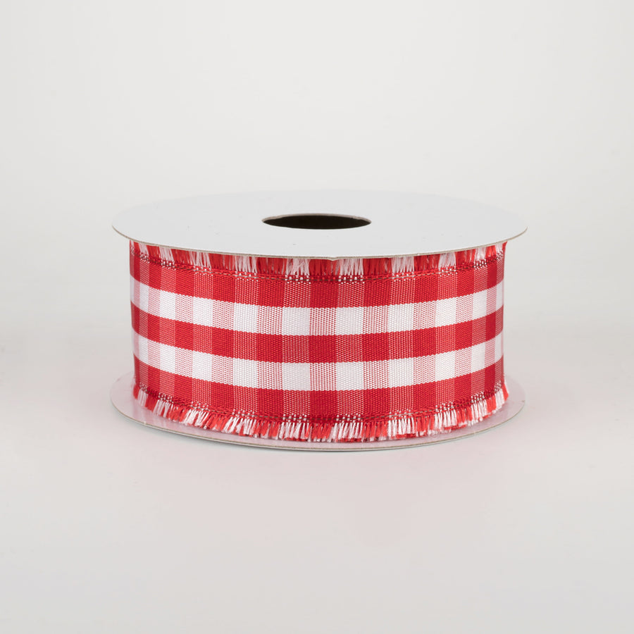 1.5" Frayed Edge Buffalo Plaid Ribbon: Red & White (10 Yards)