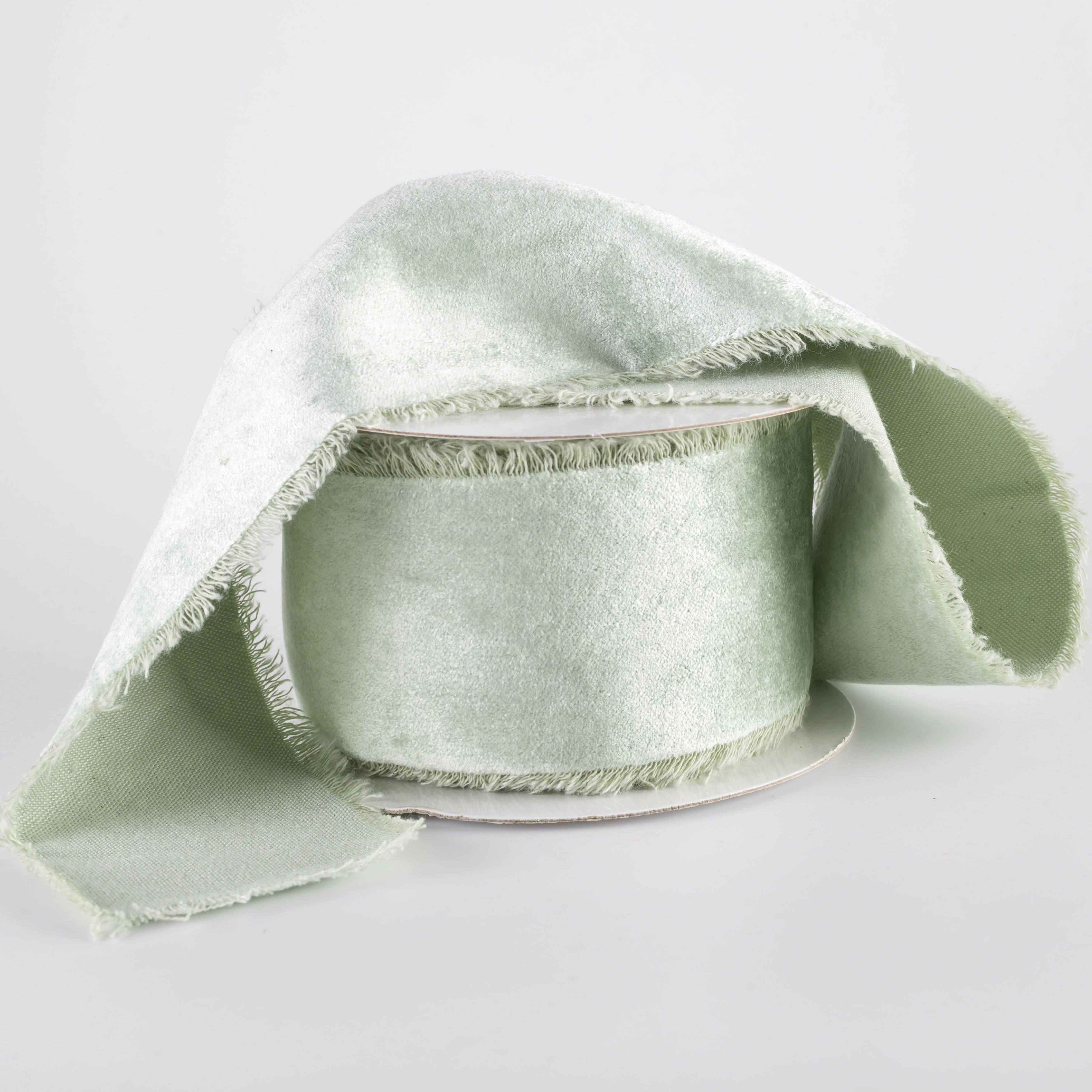 2.5" Frayed Edge Unwired Velvet Ribbon: Eucalyptus Green (10 Yards) Lifestyle Photo