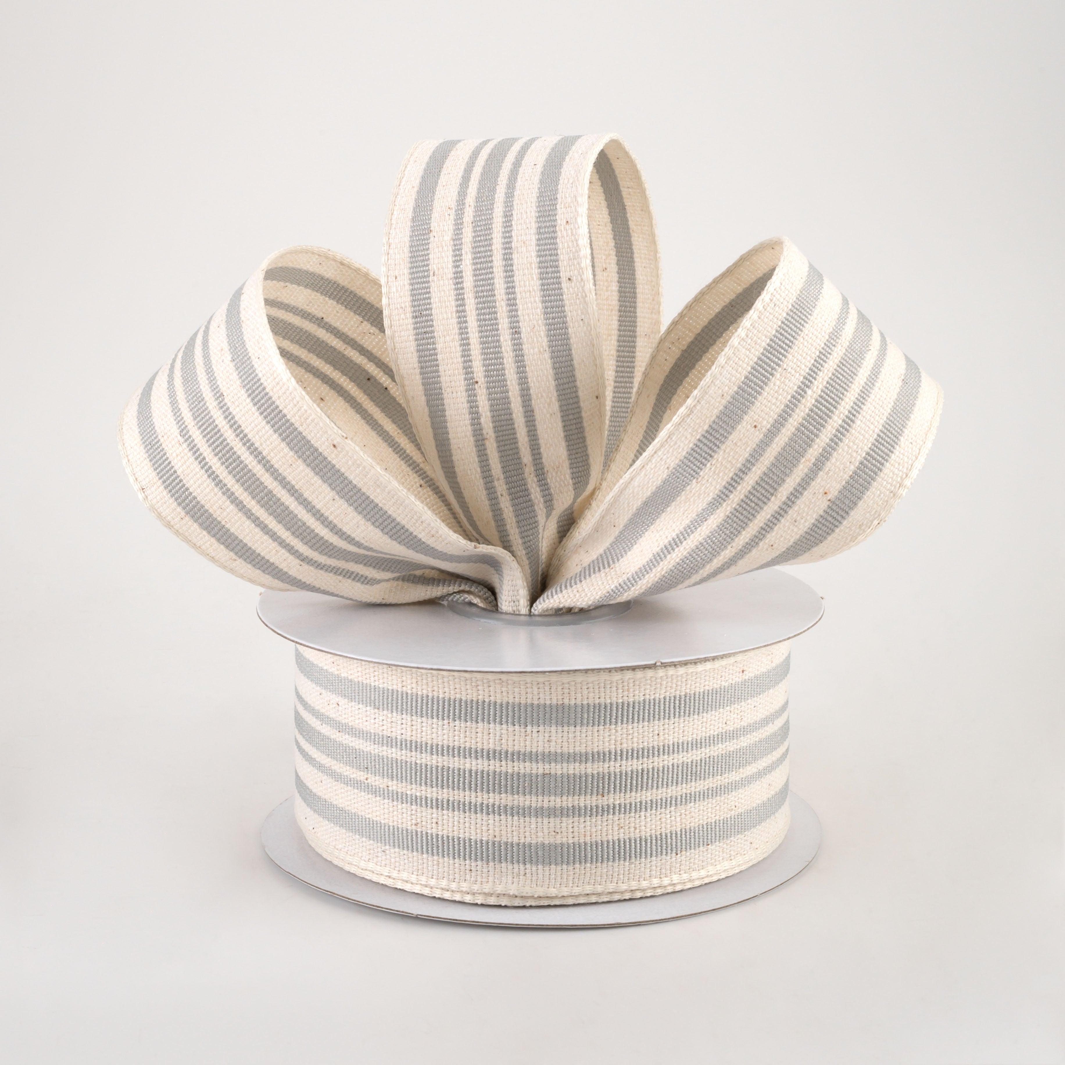 1.5" French Ticking Stripe Ribbon: Ivory & Grey (10 Yards) Lifestyle Photo