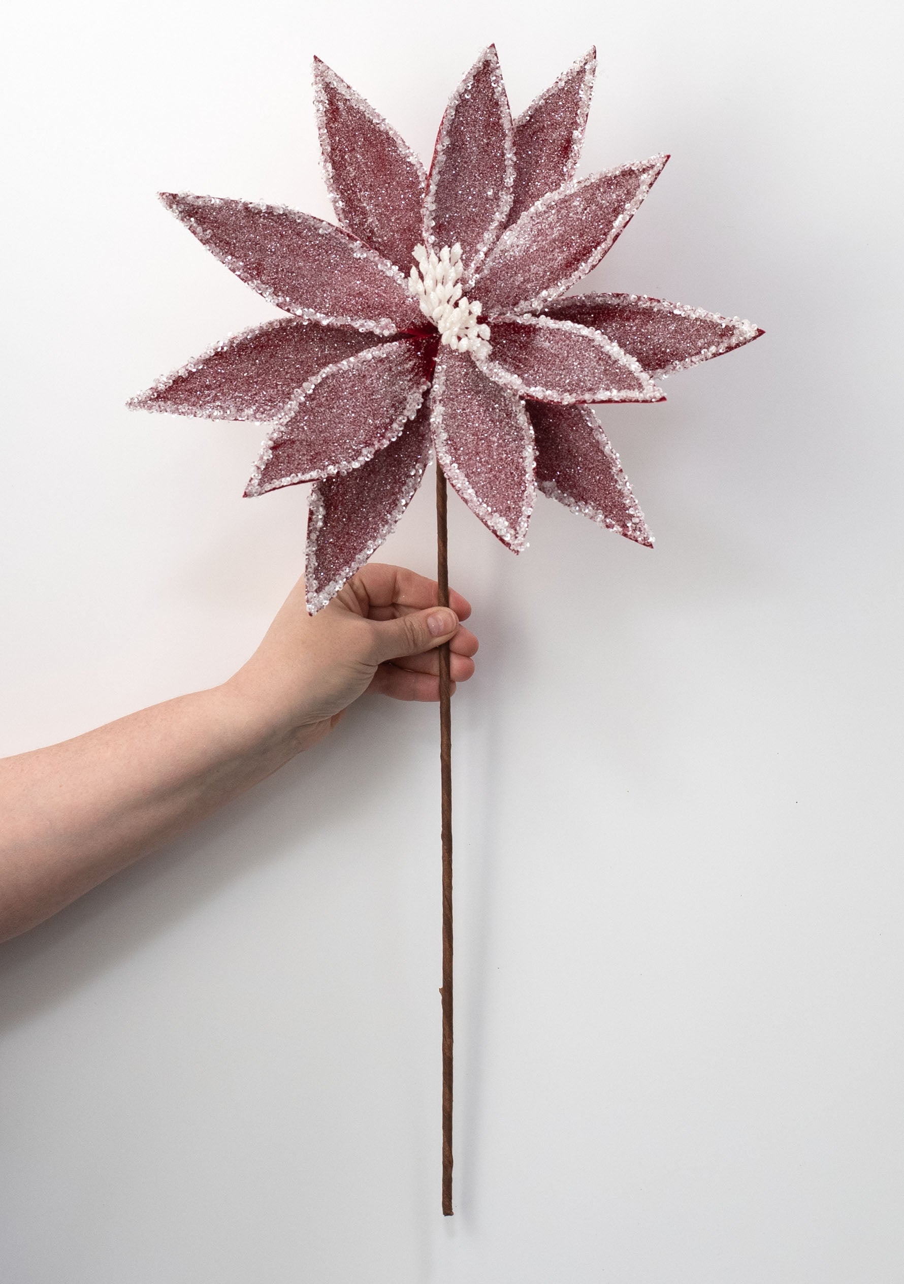 13" x 26" Frosted Poinsettia Flower Stem: Burgundy Red detail photo 3