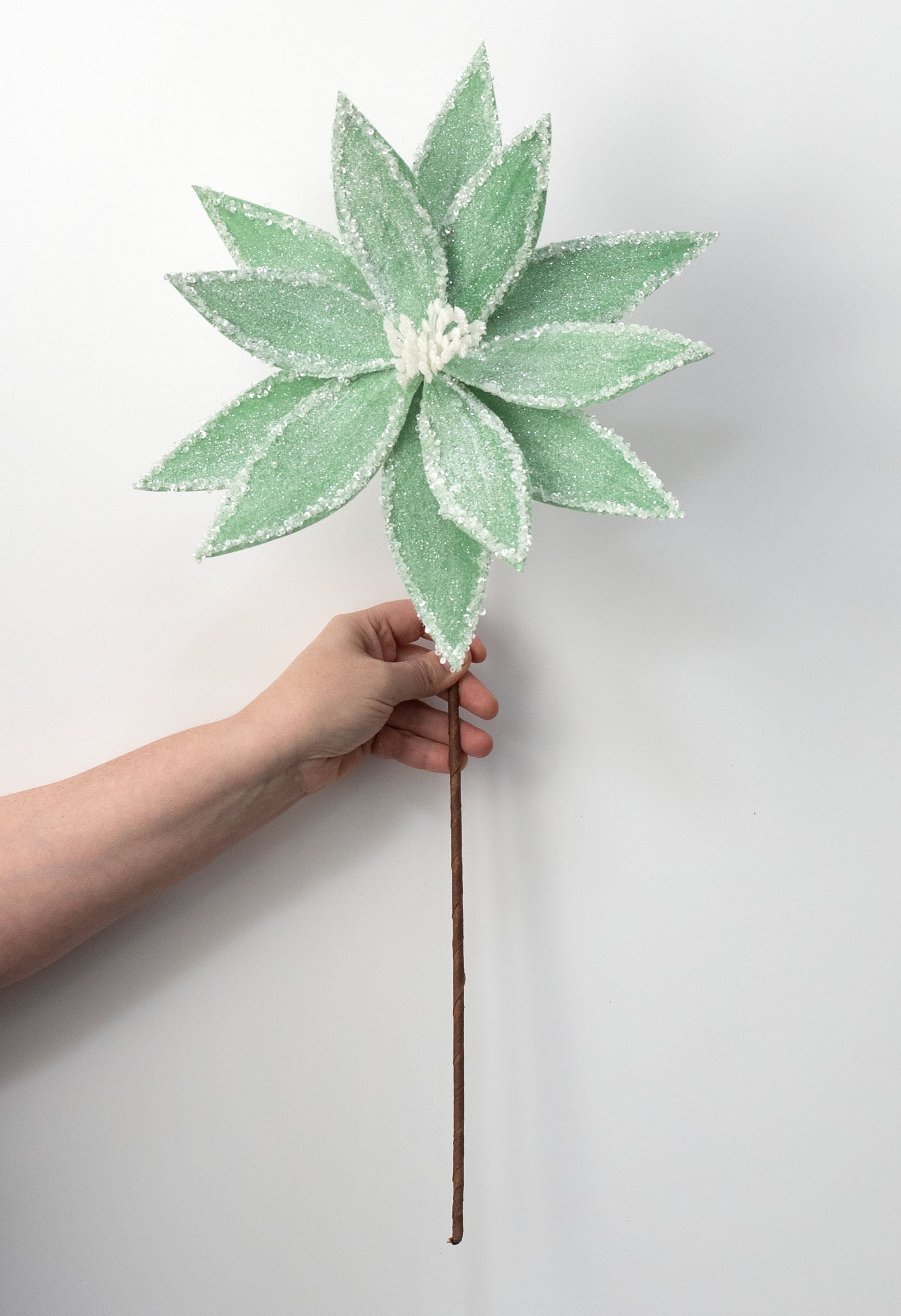 13" x 26" Frosted Poinsettia Flower Stem: Mint Green detail photo 3