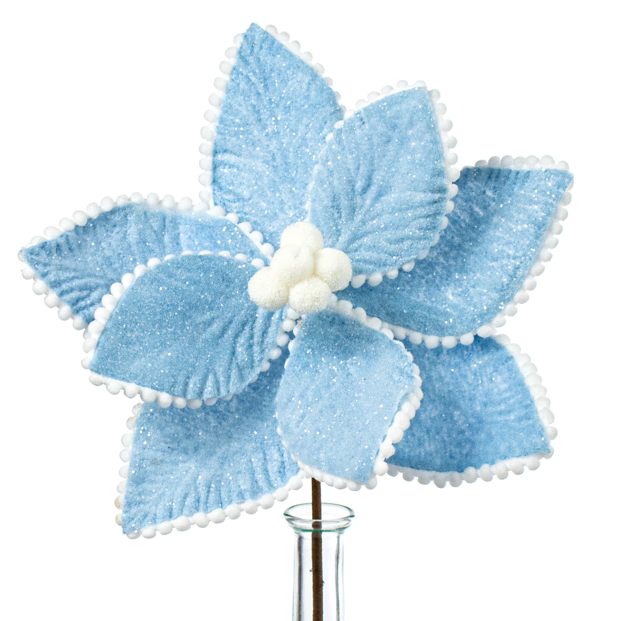 13" Frosted Poinsettia Pick: Blue & White Item Number: 189101