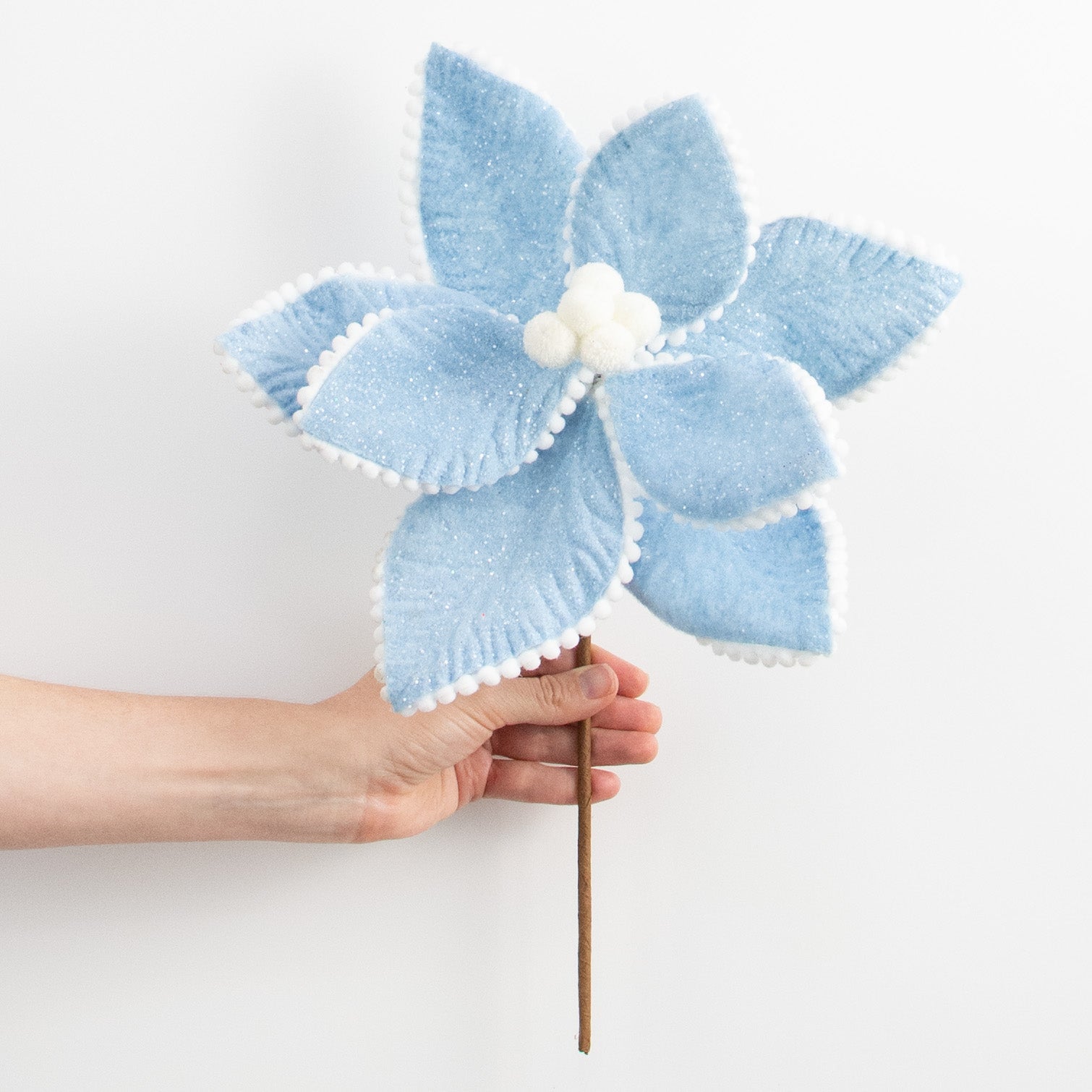 13" Frosted Poinsettia Pick: Blue & White detail photo 3