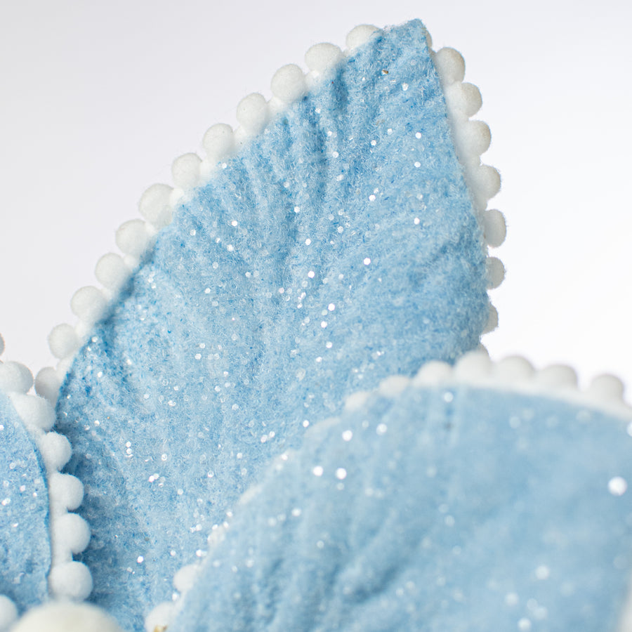 13" Frosted Poinsettia Pick: Blue & White detail photo 4