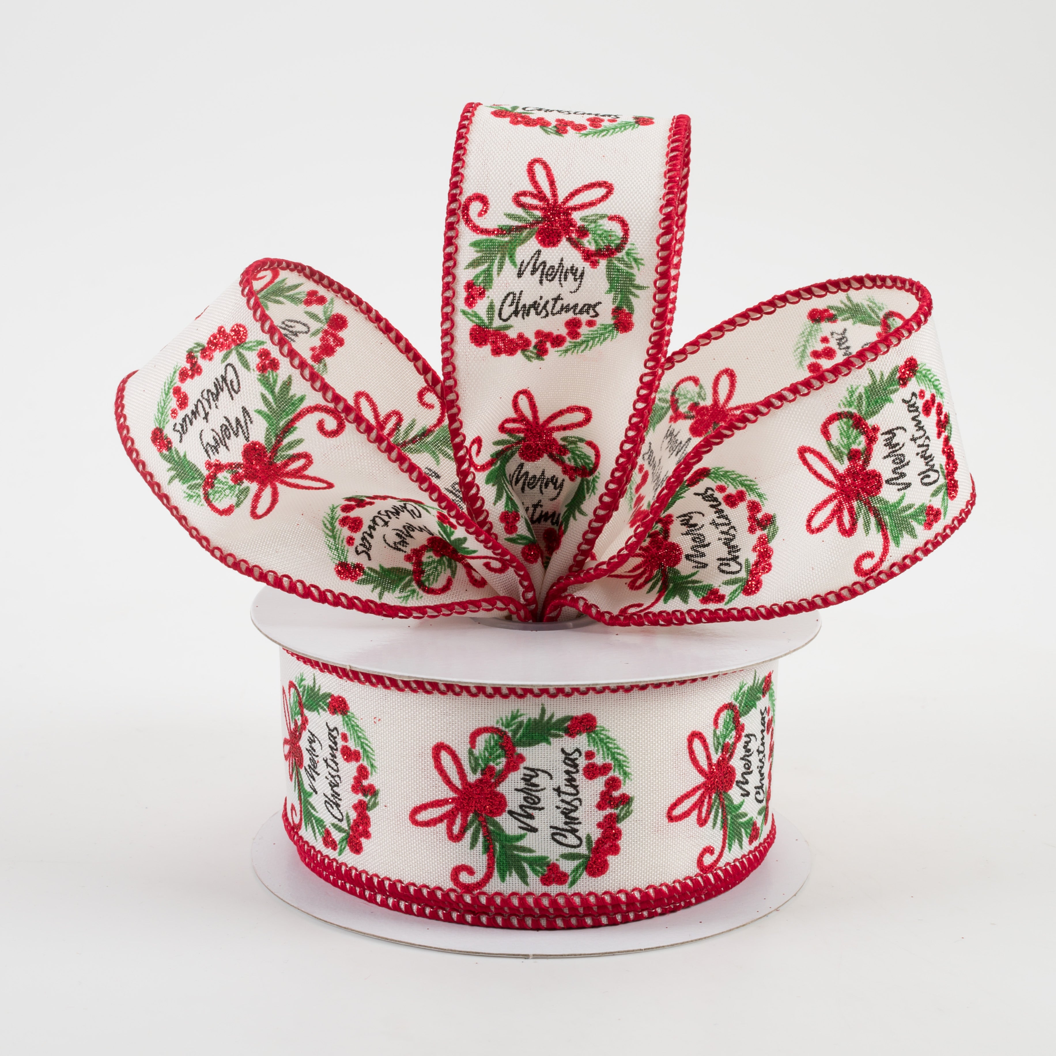 1.5" Fun Merry Christmas Wreath Linen Ribbon: Ivory (10 Yards) Lifestyle Photo