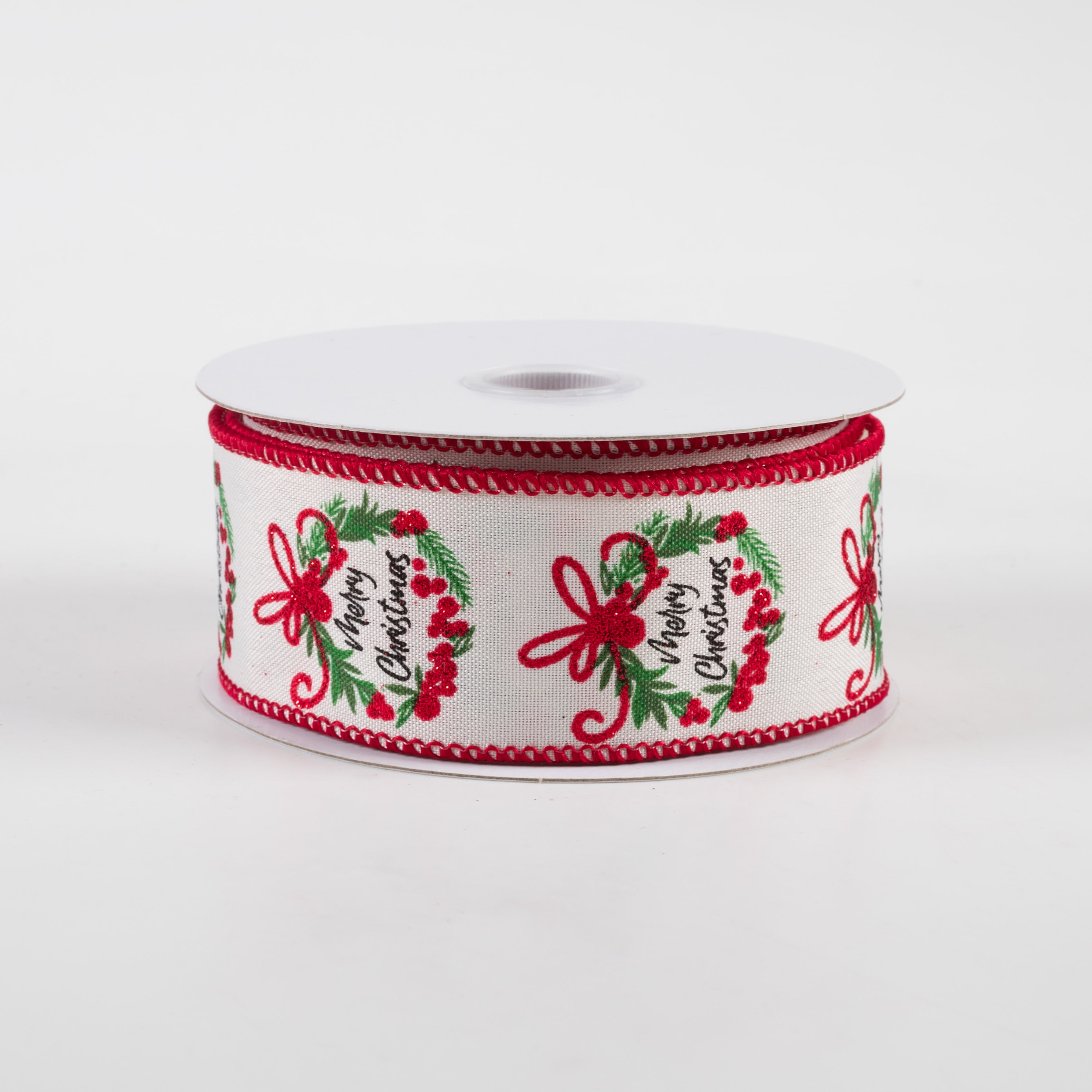 1.5" Fun Merry Christmas Wreath Linen Ribbon: Ivory (10 Yards)