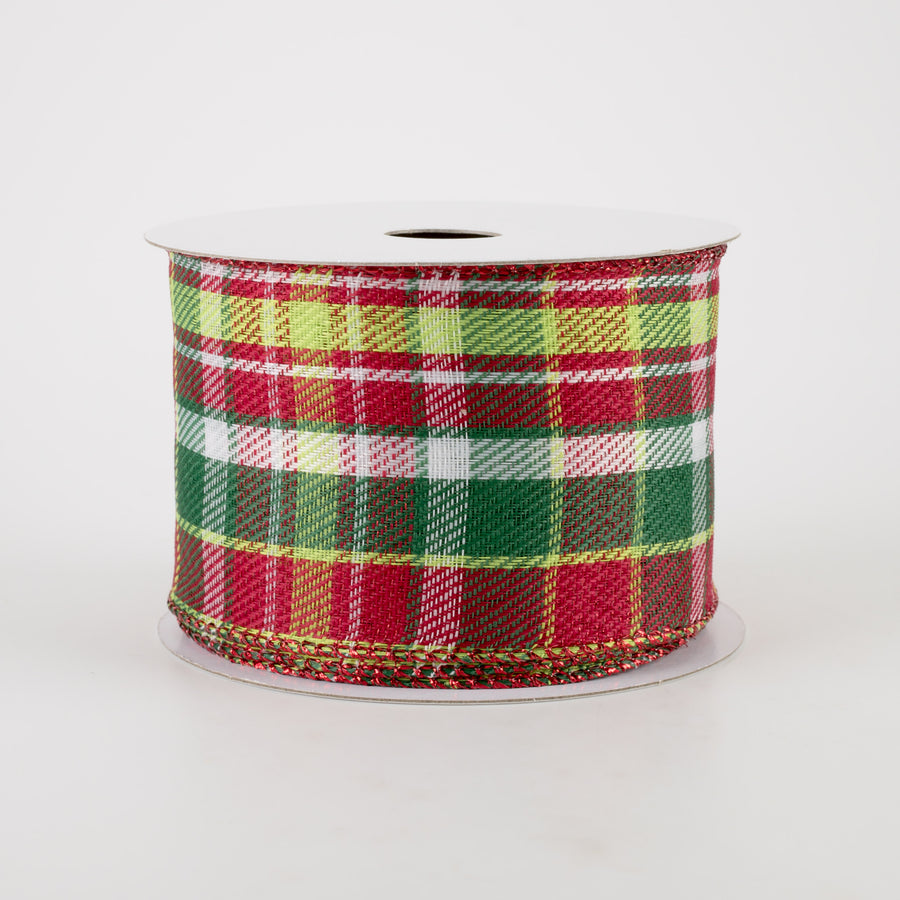 2.5" Funzy Plaid Ribbon: Lime, White, Red, Emerald (10 Yards) Item Number: 71102-40-07