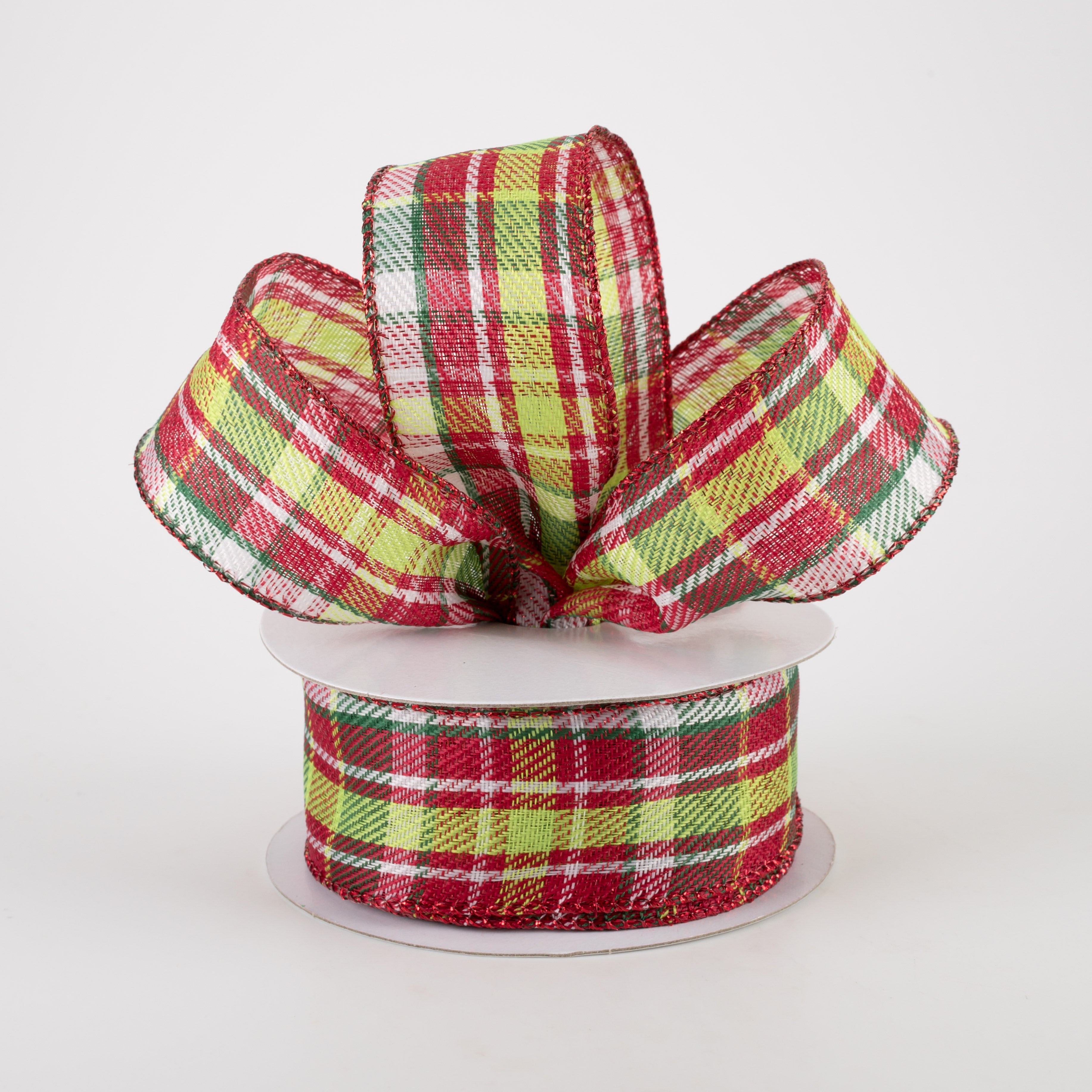 1.5" Funzy Plaid Ribbon: Lime, White, Red, Emerald (10 Yards) Lifestyle Photo