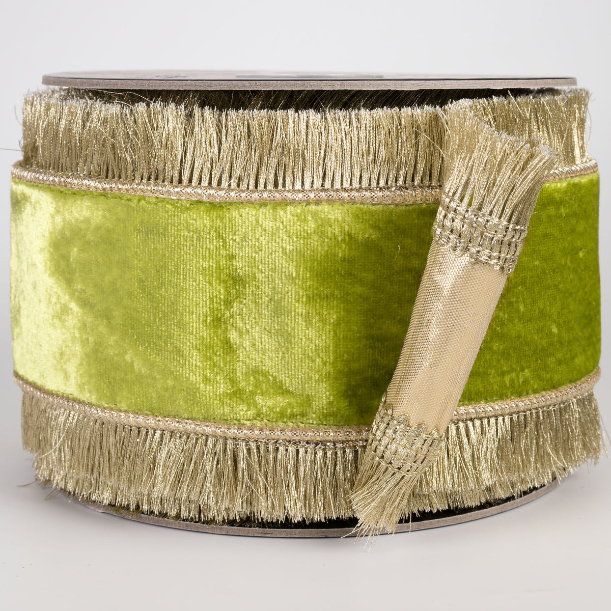 4" Fused Sheldon Fringe Edge Velvet & Metallic Dupioni Ribbon: Chartreuse Green & Gold (10 Yards) Item Number: RR0079