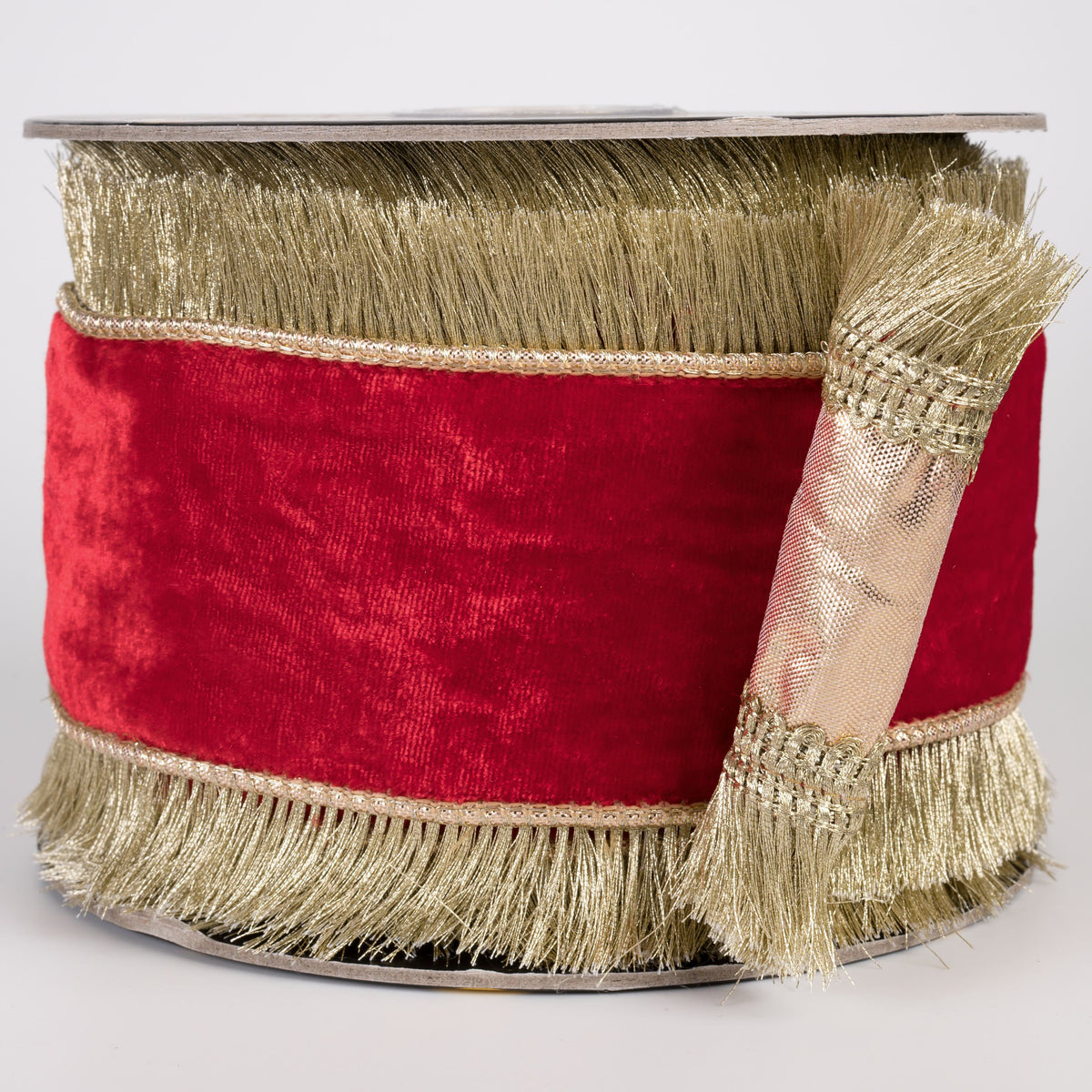 4" Fused Sheldon Fringe Edge Velvet & Metallic Dupioni Ribbon: Christmas Red & Gold (10 Yards) Item Number: RR0076