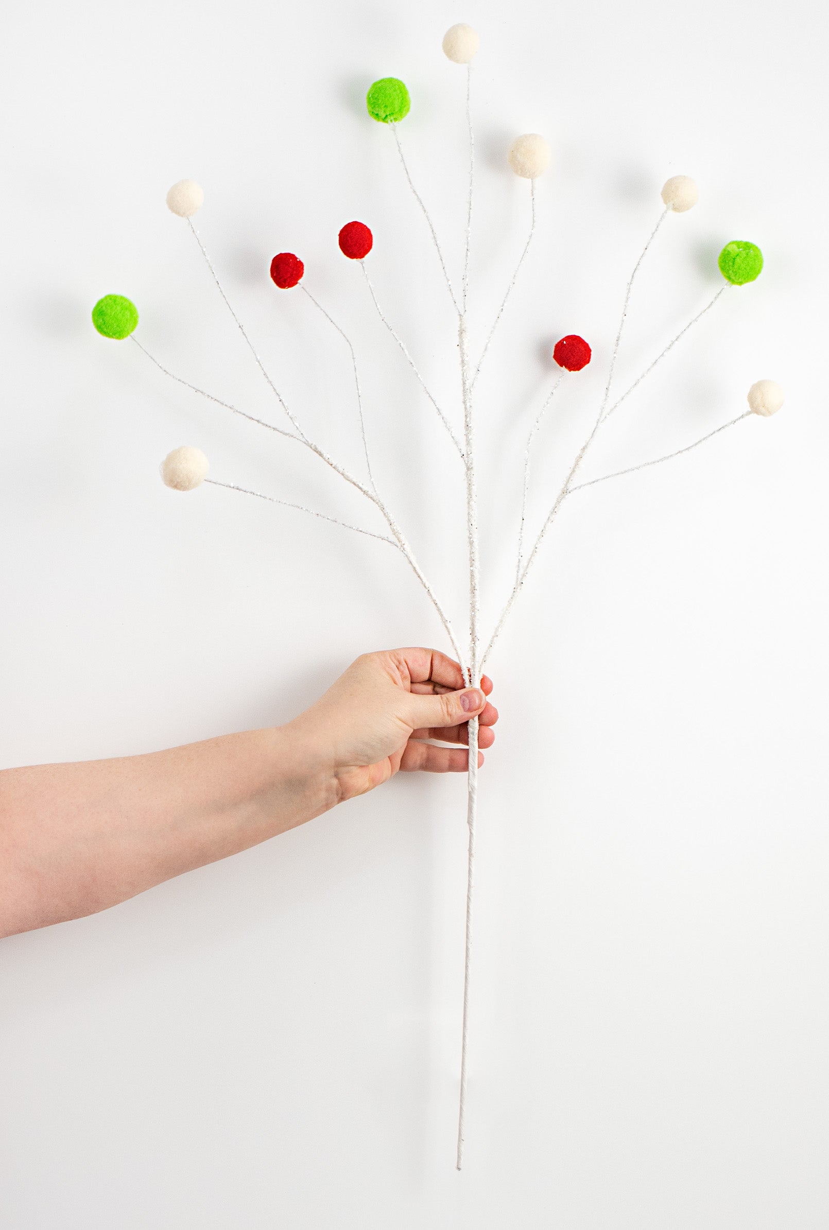 26" Fuzzy Ball & Glittered Twig Spray: Red, White, Green detail photo 3