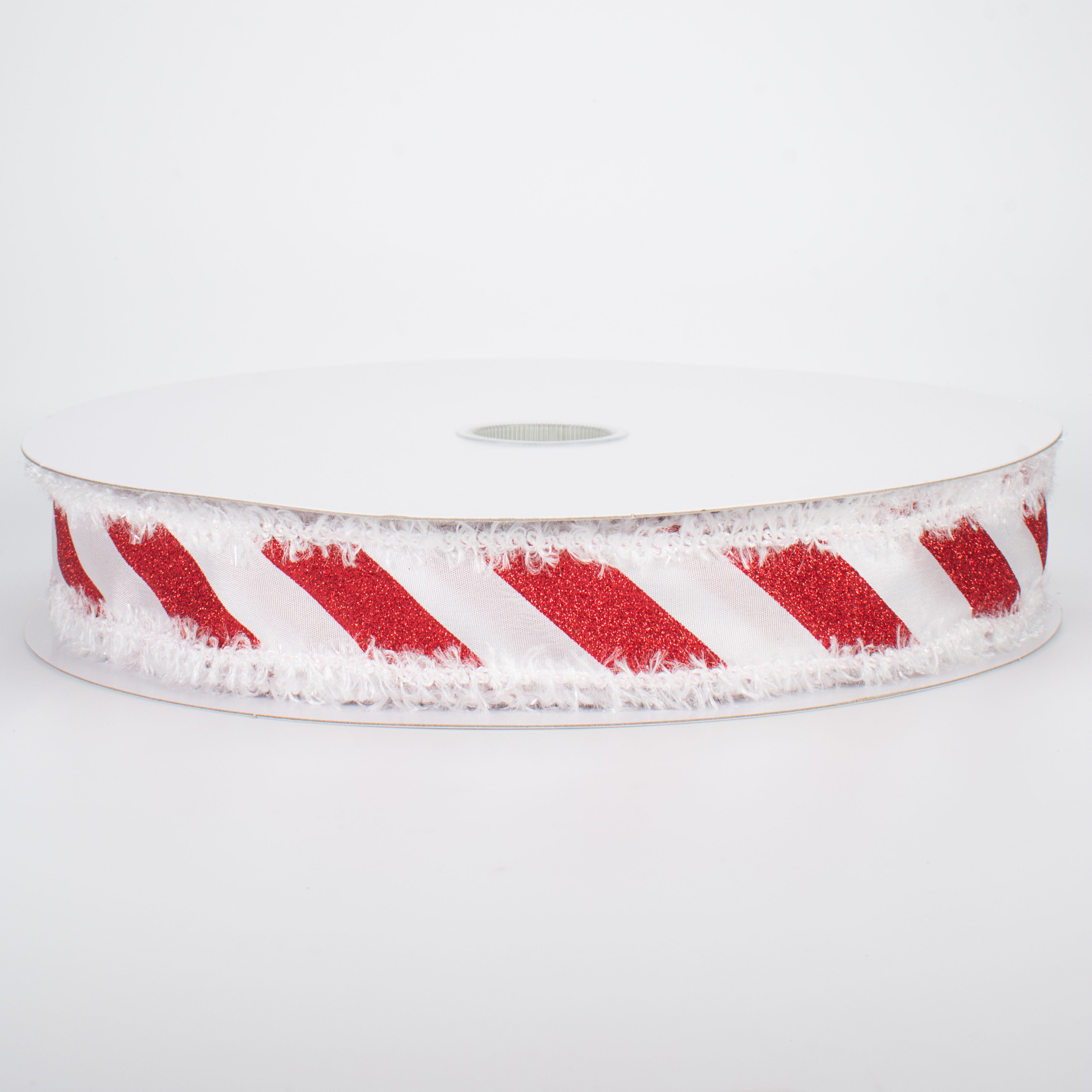 1.5" Fuzzy Edge Glittered Candy Cane Ribbon (50 Yards)
