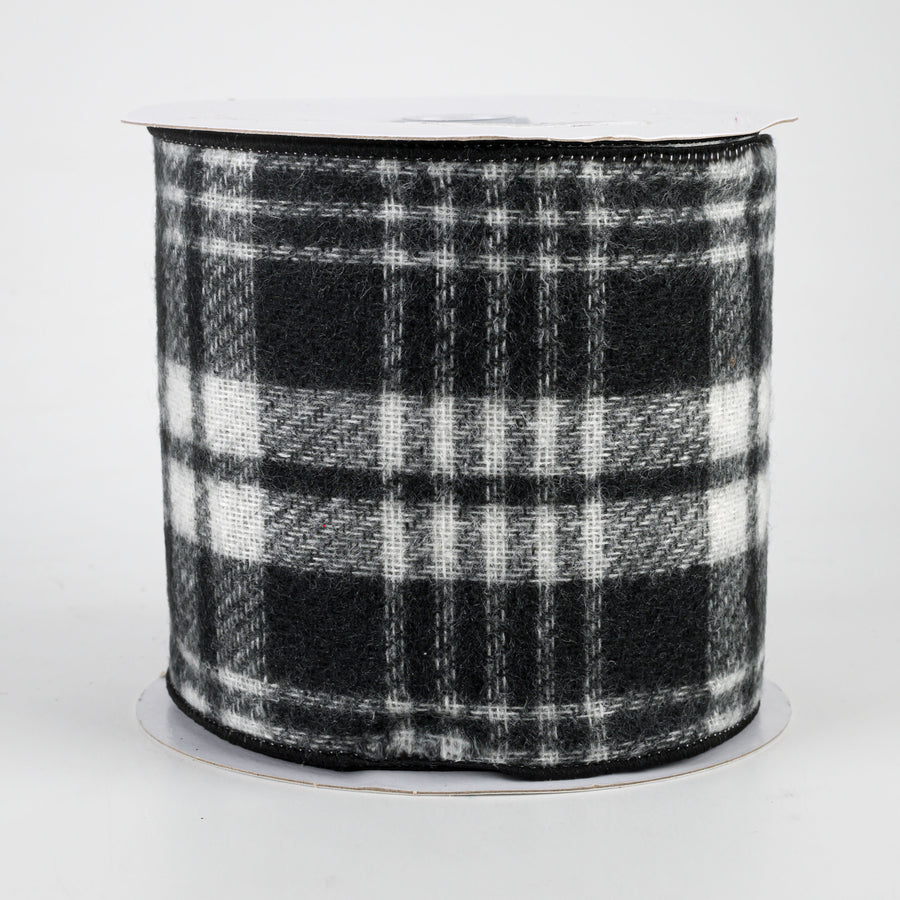 4" Fuzzy Flannel Plaid Ribbon: Black (10 Yards)