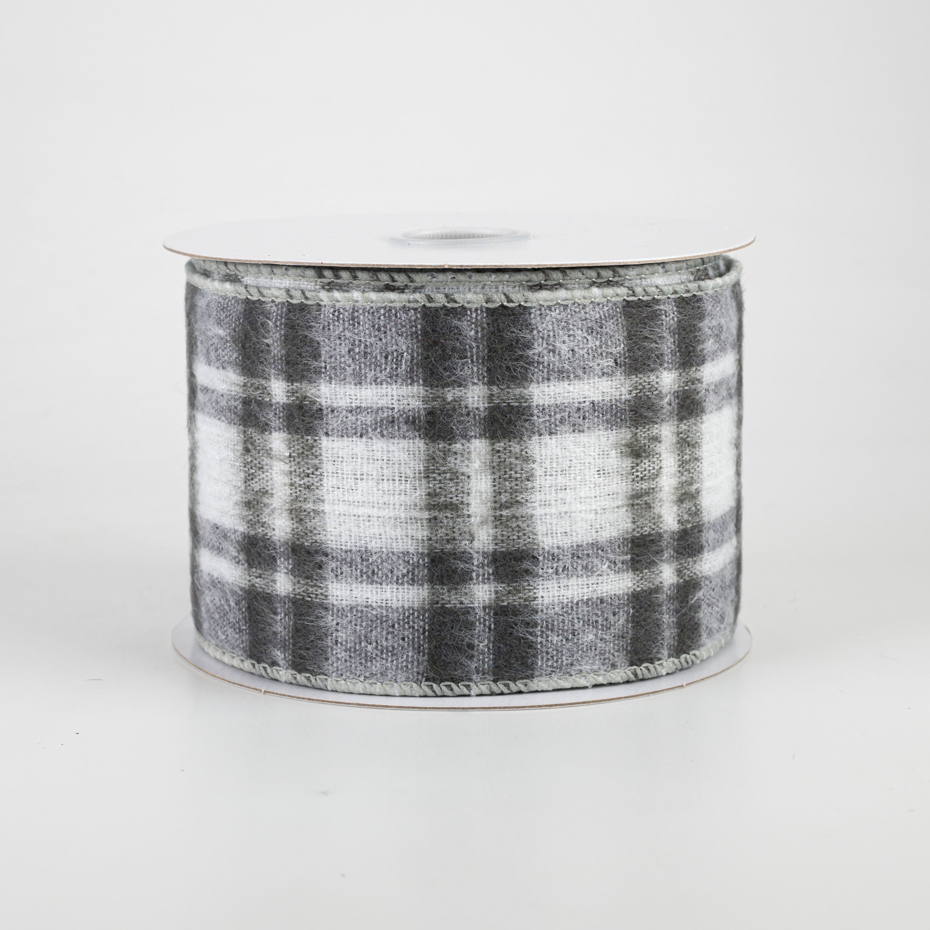 2.5" Fuzzy Flannel Plaid Ribbon: Grey & White (10 Yards)