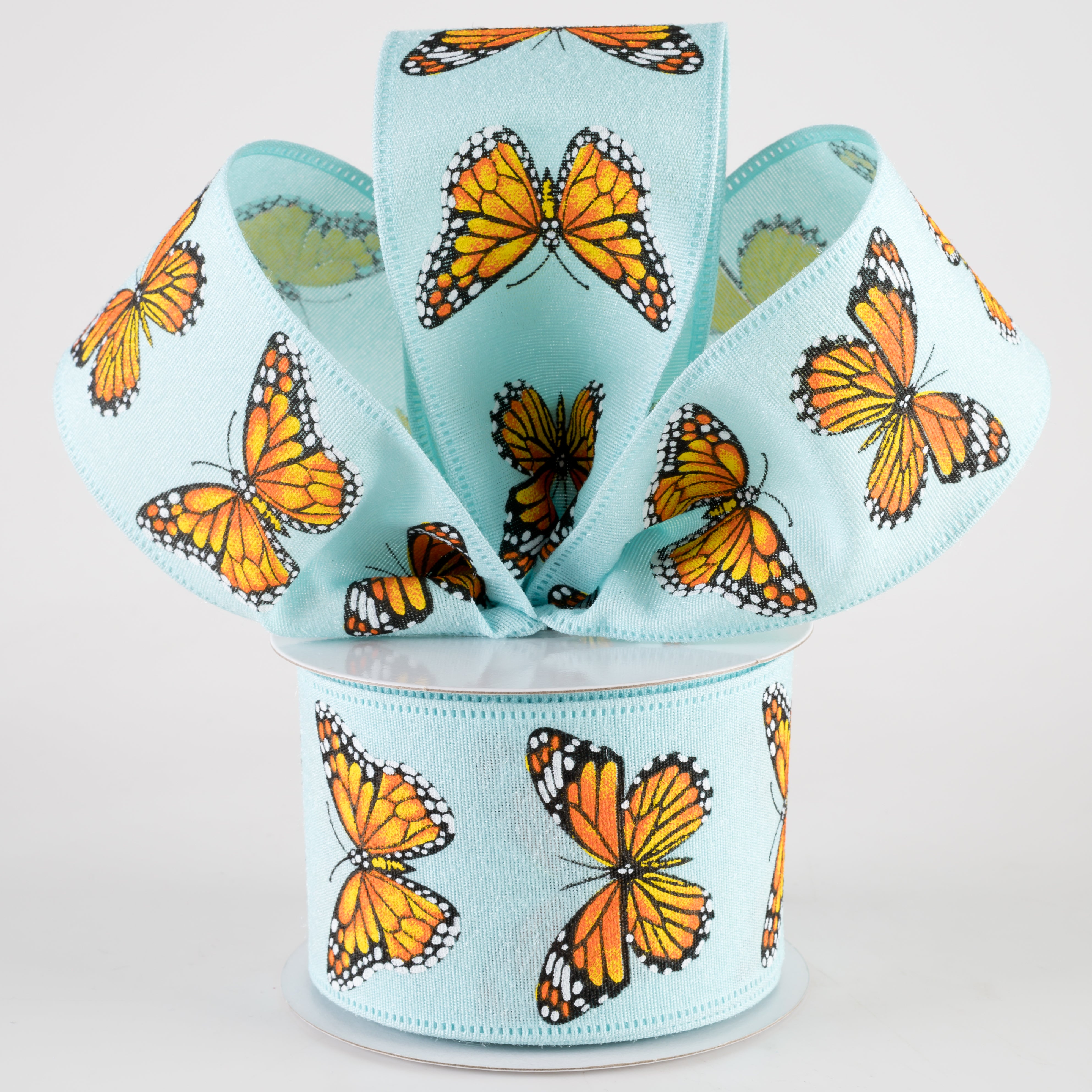 2.5" Fuzzy Linen Monarch Butterfly Ribbon: Aqua Blue (10 Yards) Lifestyle Photo