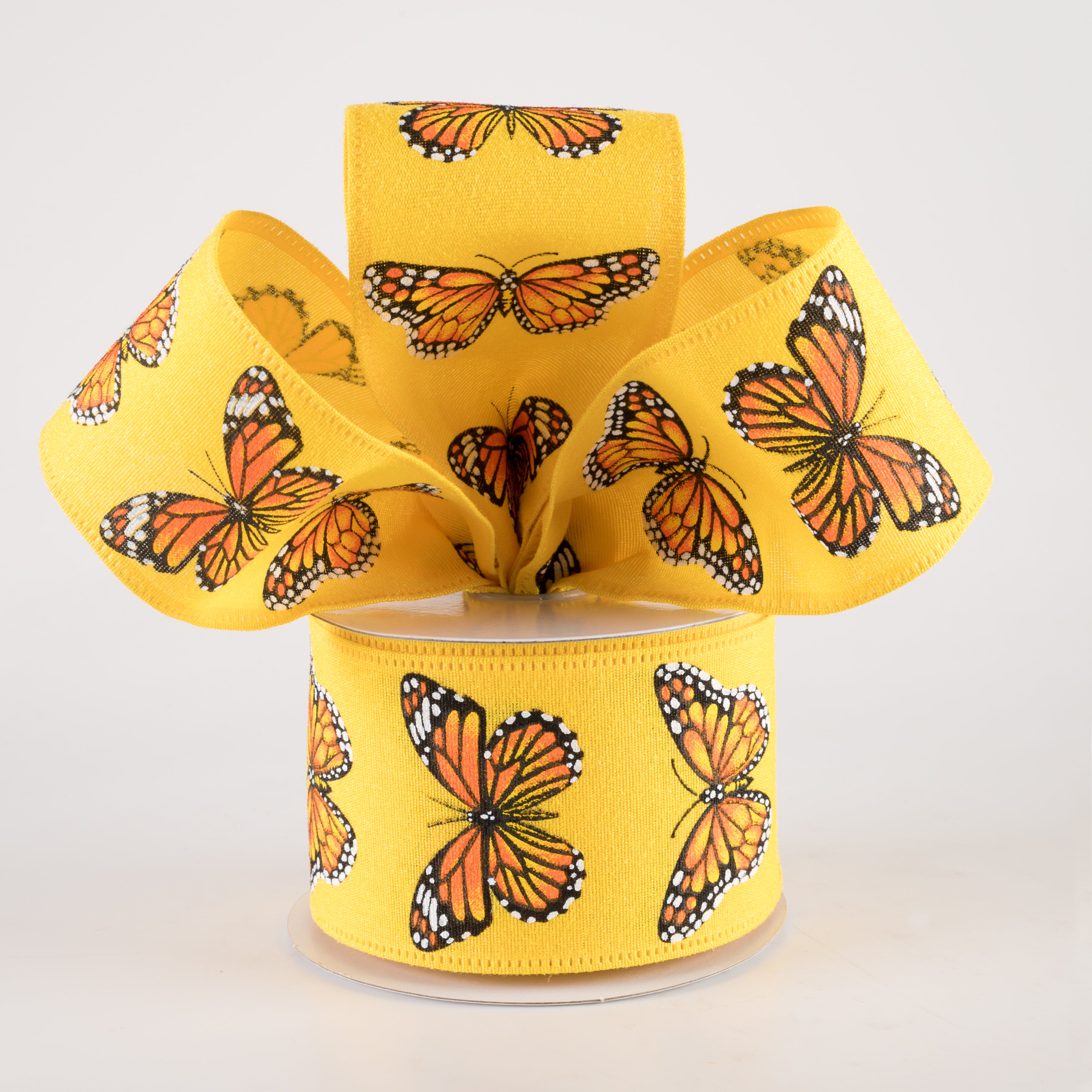 2.5" Fuzzy Linen Monarch Butterfly Ribbon: Yellow (10 Yards) Lifestyle Photo