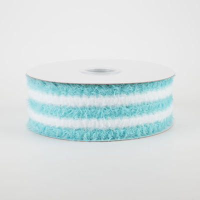 1.5" Fuzzy Stripes Ribbon: Aqua & White (10 Yards)