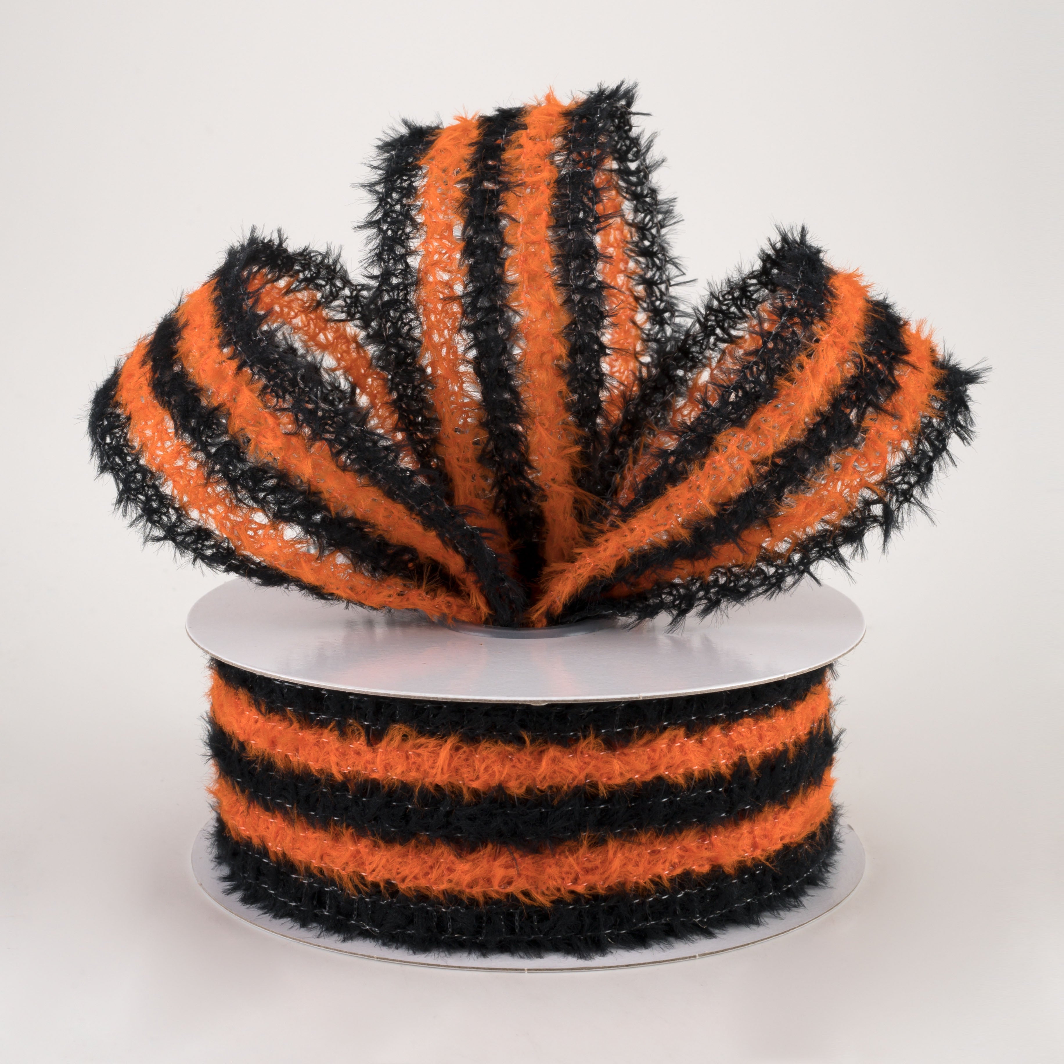 1.5" Fuzzy Stripes Ribbon: Black & Orange (10 Yards) Lifestyle Photo