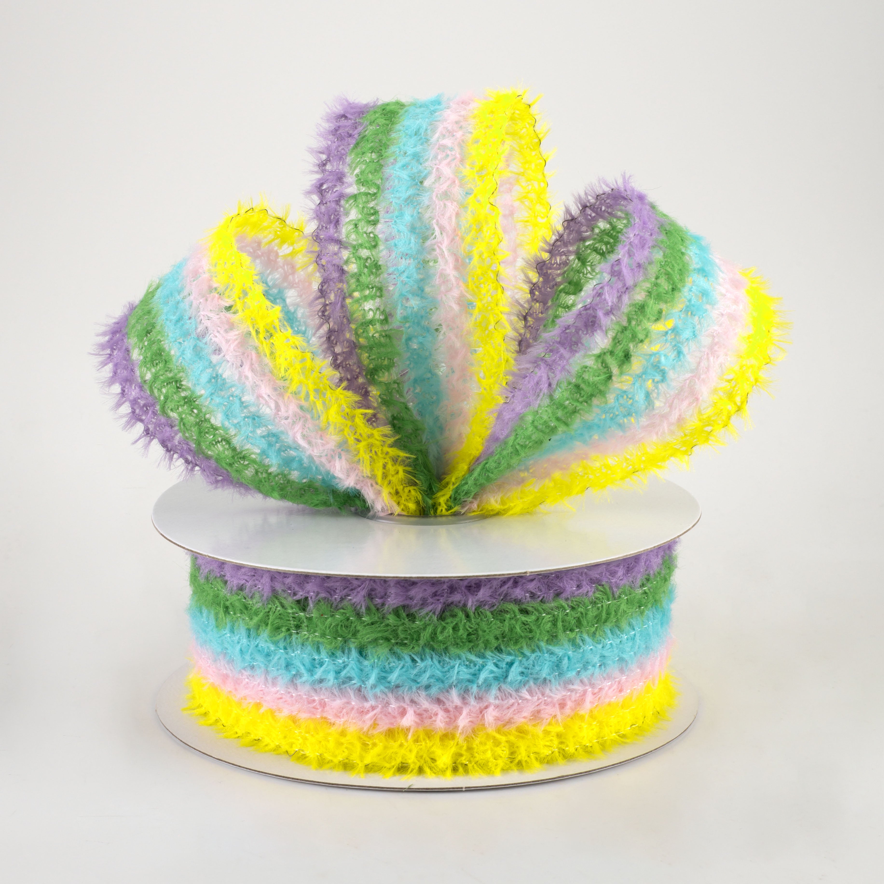 1.5" Fuzzy Stripes Ribbon: Lavender, Blue, Green, Pink, Yellow (10 Yards) Lifestyle Photo