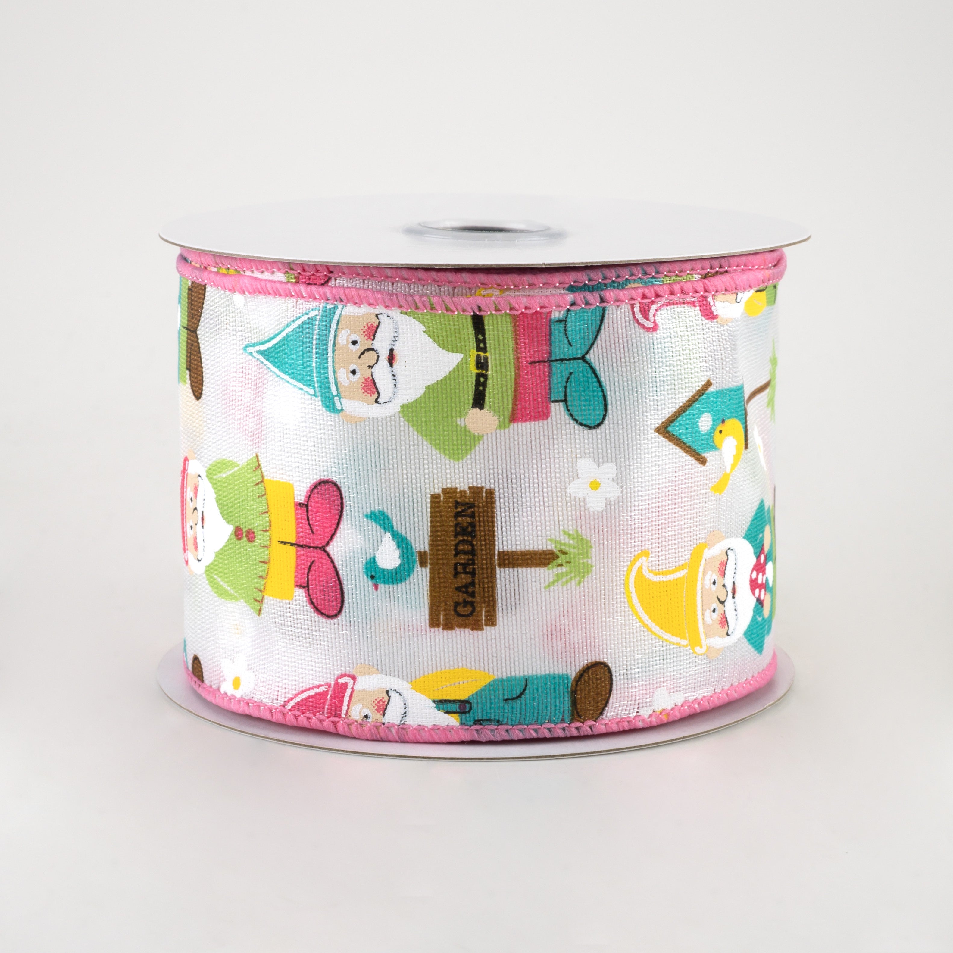 2.5" Garden Gnomes Satin Ribbon: White (10 Yards)