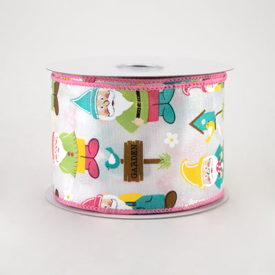 2.5" Garden Gnomes Satin Ribbon: White (10 Yards)