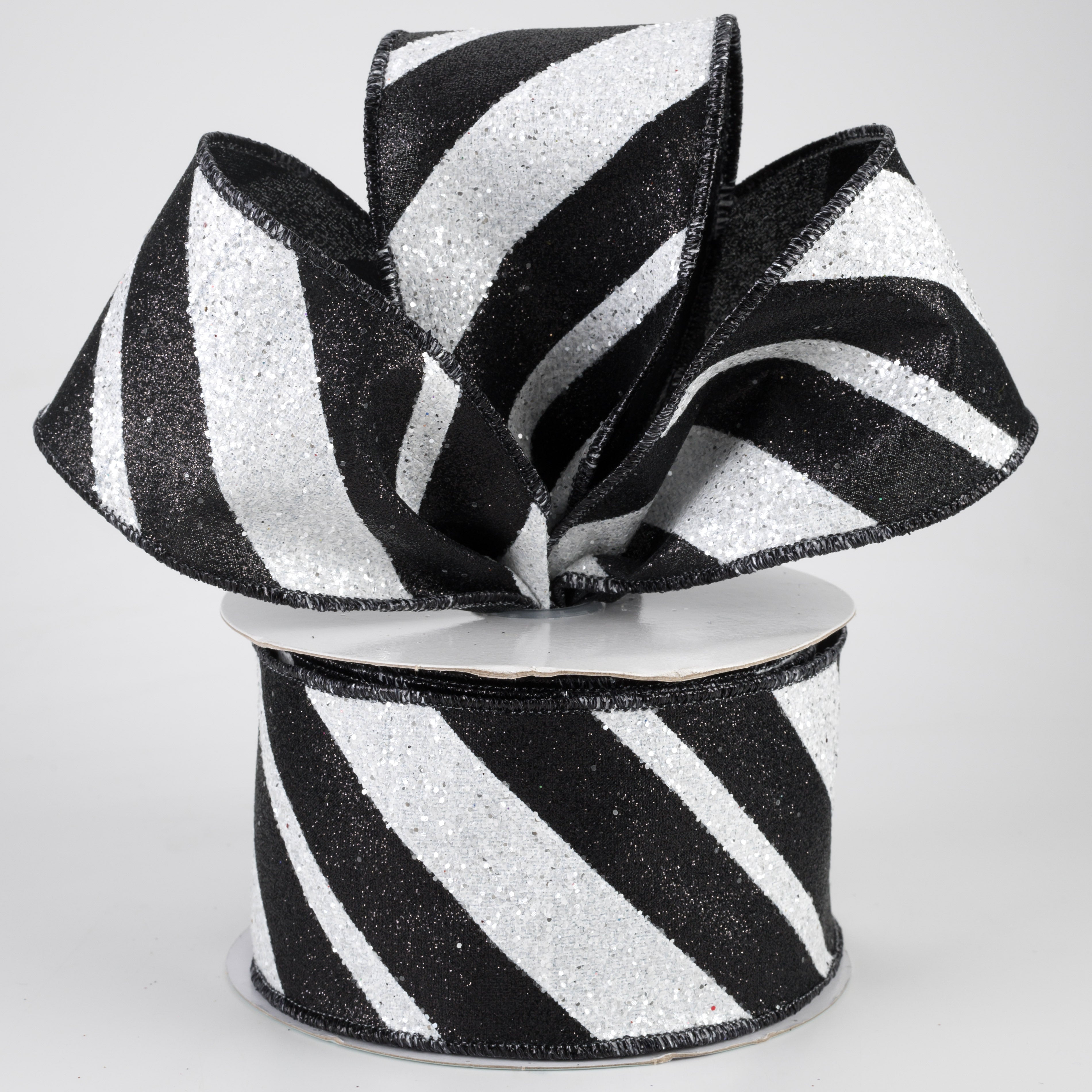 2.5" Giant Glitter Diagonal Lines Ribbon: Black & White (10 Yards) Lifestyle Photo