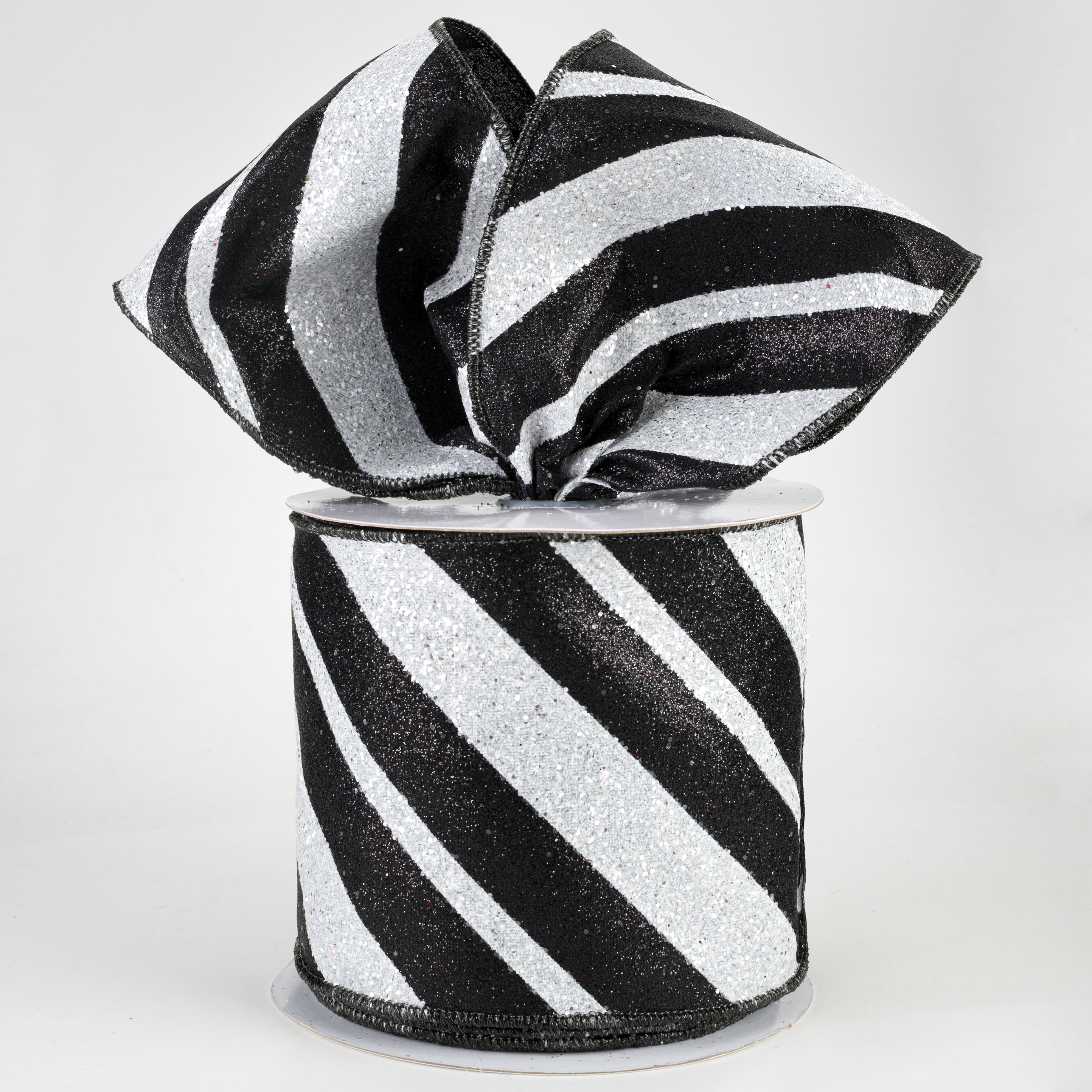 4" Giant Glitter Diagonal Lines Ribbon: Black & White (10 Yards) Lifestyle Photo