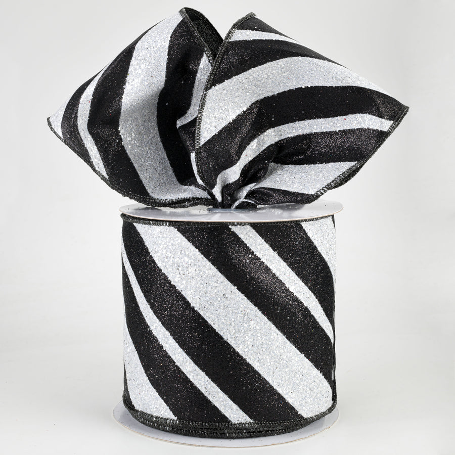 4" Giant Glitter Diagonal Lines Ribbon: Black & White (10 Yards) Lifestyle Photo
