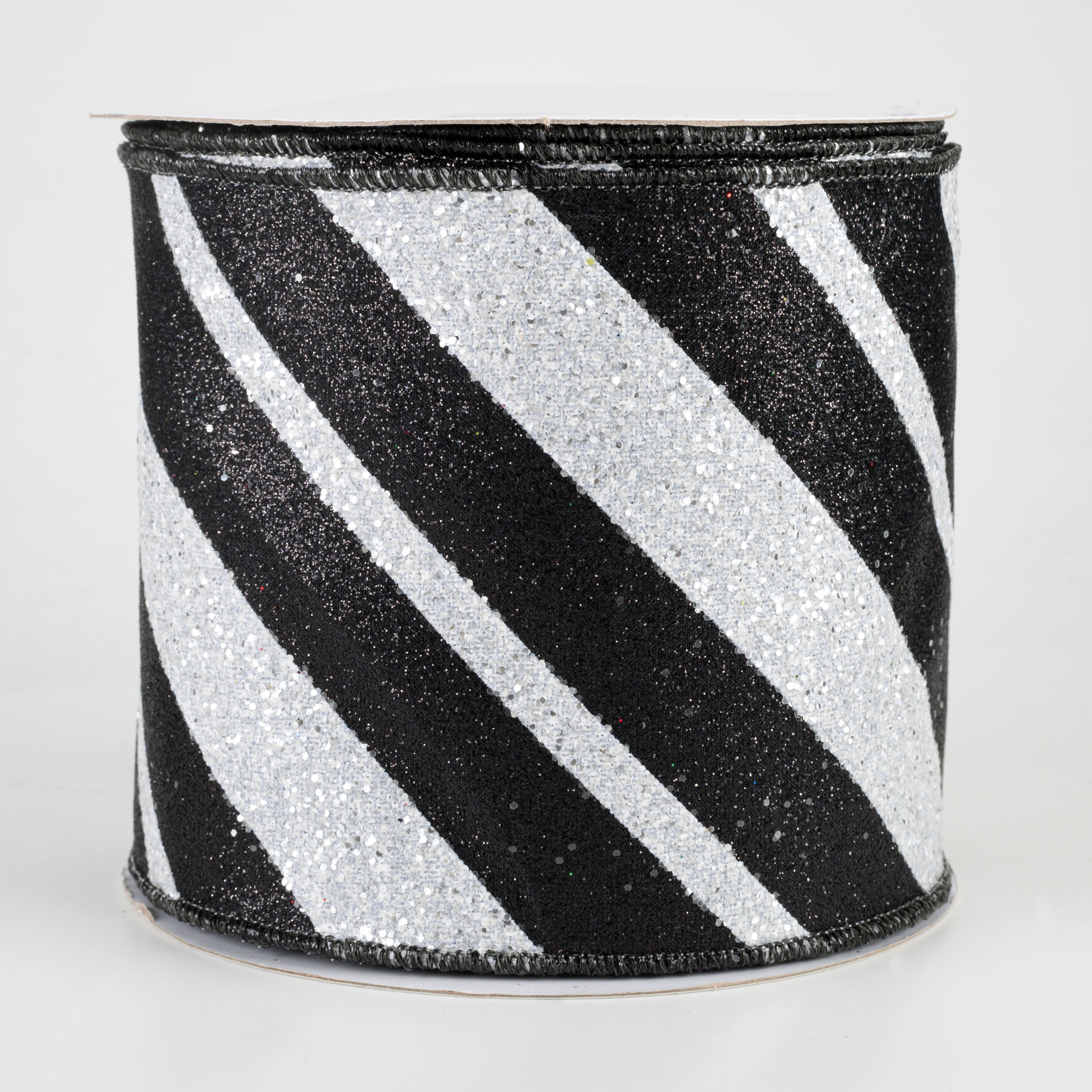 4" Giant Glitter Diagonal Lines Ribbon: Black & White (10 Yards)